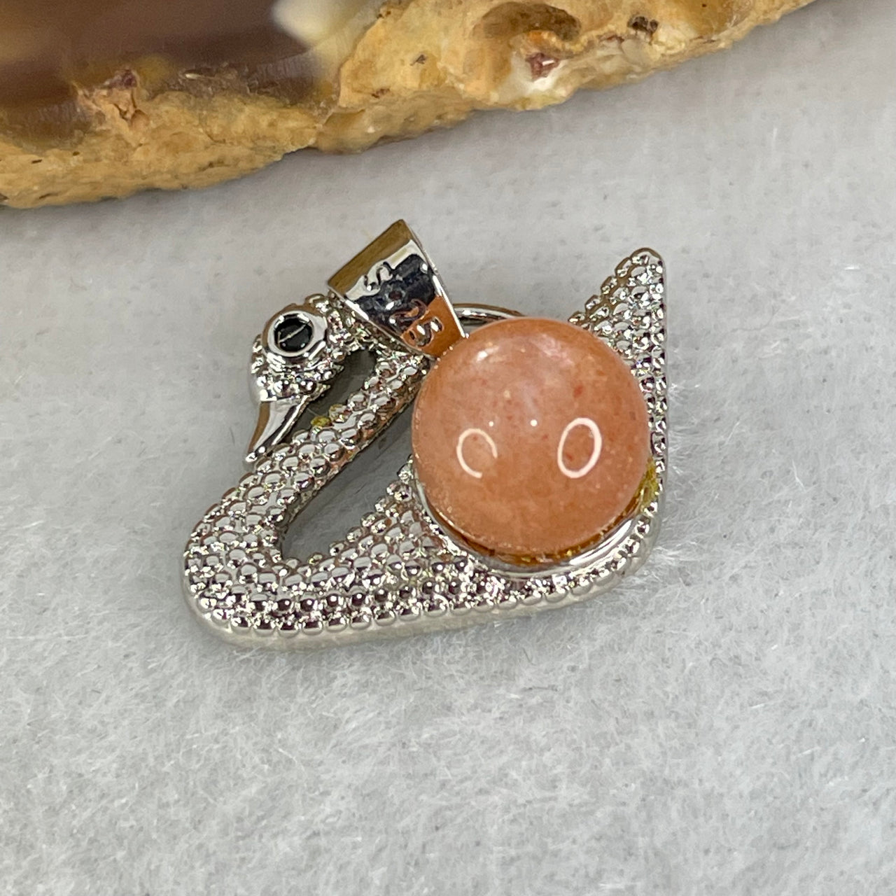 Natural Sunstone Bead with Crystals in S925 Sliver Swan Charm 3.26g 7.8mm