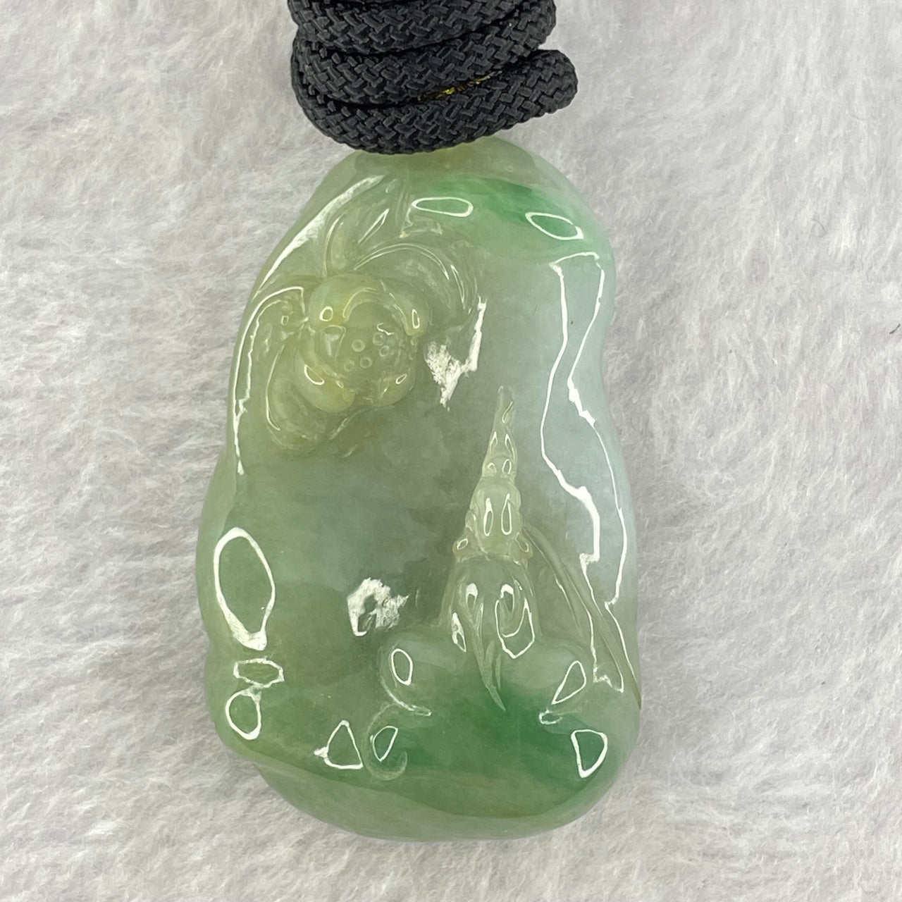 Type A Green and Lavender Jadeite Benefactor and Flower Pendant 34.80g 46.9 by 28.7 by 13.4mm