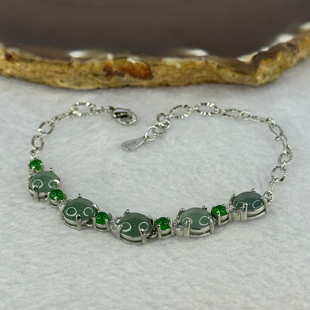 Type A Icy Blueish Green Jadeite with Crystals in S925 Sliver Bracelet 5.03g 7.4mm 5pcs