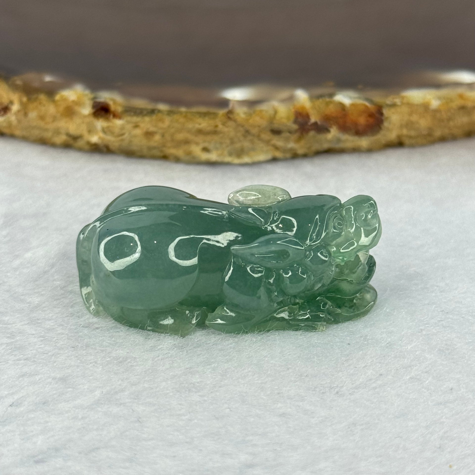 Type A Semi Blueish Green Jadeite Pixiu Charm/Pendent A货蓝水翡翠牌 16.23g 36.9 by 18.2 by 14.0mm - Huangs Jadeite and Jewelry Pte Ltd