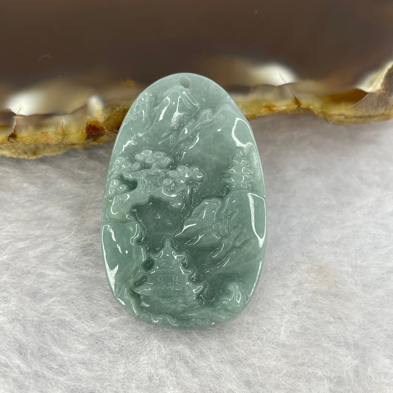 Type A Blueish Green Jadeite Scenary Shan Shui 山水 Pendant 6.46g 31.6 by 20.3 by 5.0mm - Huangs Jadeite and Jewelry Pte Ltd