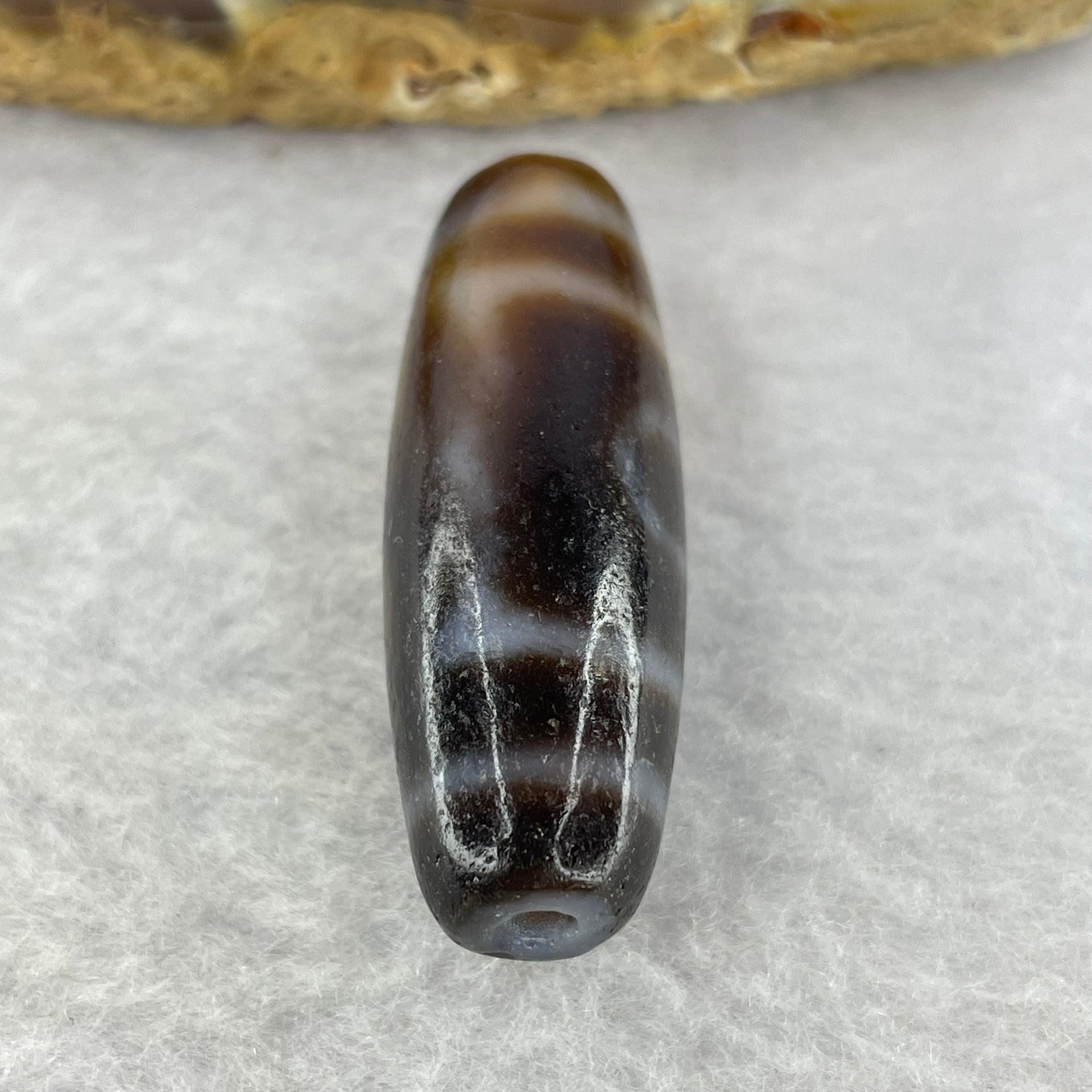 Natural Powerful Tibetan Old Oily Agate 3 Eyes Dzi Bead Heavenly Master (Tian Zhu) 三眼天诛 9.45g 37.5 by 13.0 mm - Huangs Jadeite and Jewelry Pte Ltd