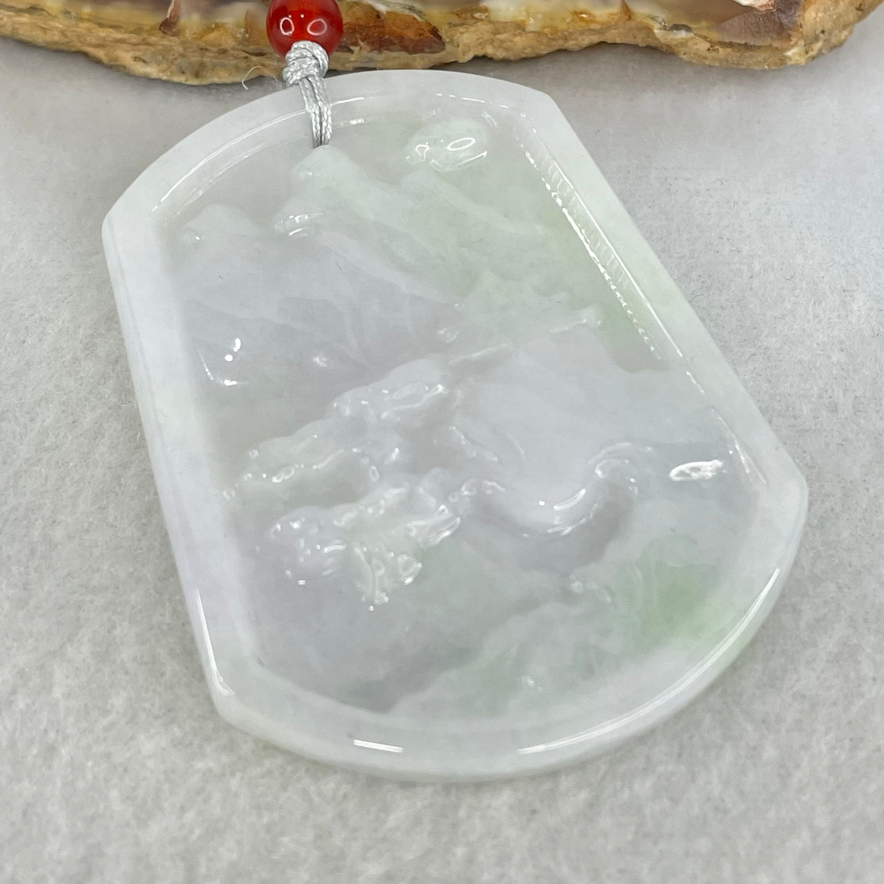 Type A Faint Lavender Green Jadeite Shan Shui Pendant 20.17g 54.5 by 42.5 by 4.0mm