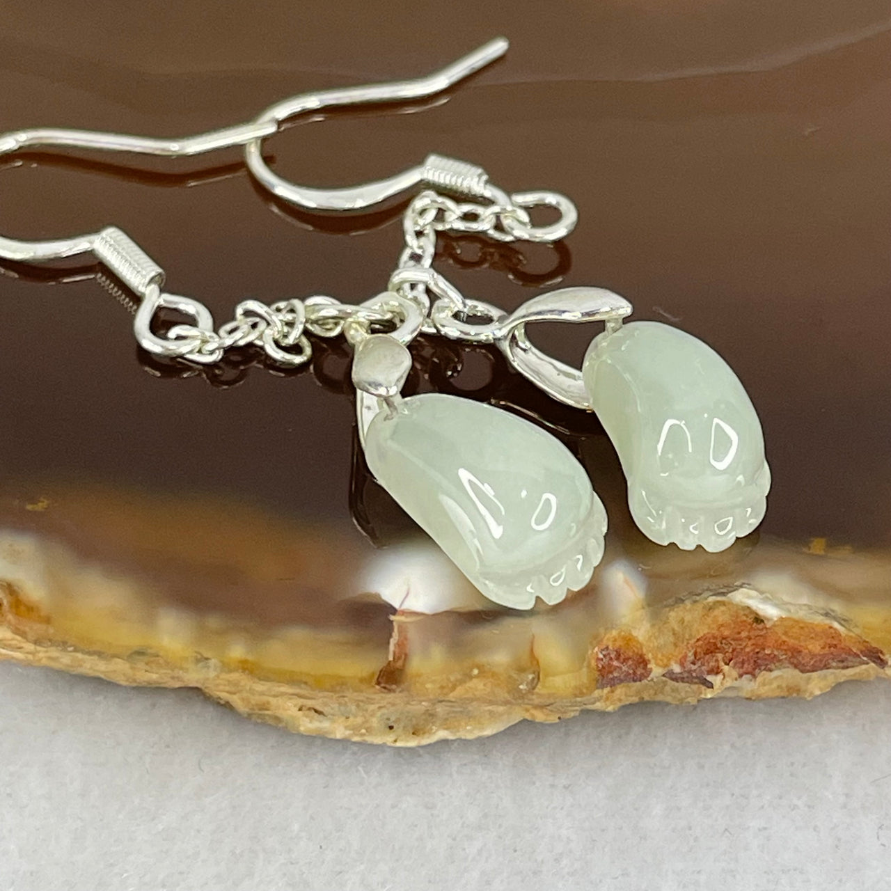 Type A Faint Green Jadeite Foot in S925 Silver Earrings 2.34g 11.5 by 6.9 by 5.6mm