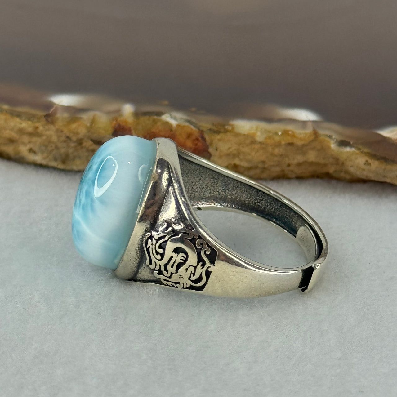 Good Grade Natural Larimar in S925 Silver Ring with Double Dragons (Adjustable Size) 10.11g 17.5 by 12.8 by 9.0mm