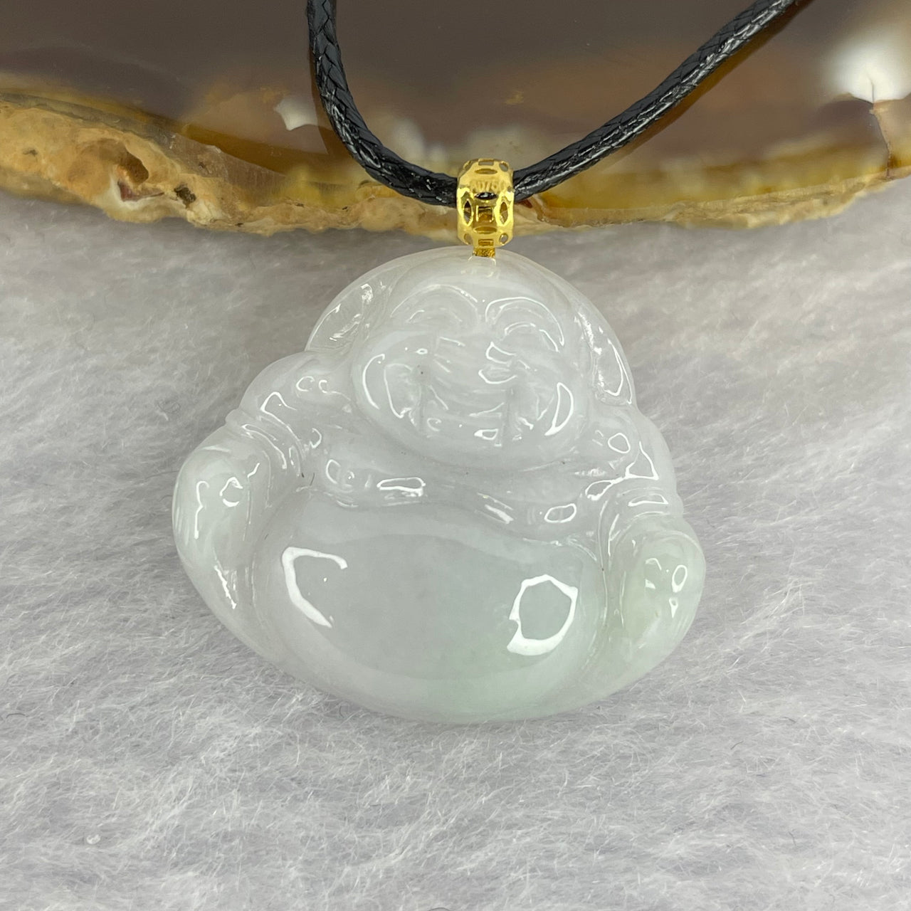 18K Yellow Gold Type A Faint Lavender Green Jadeite Milo Buddha with String Necklace 5.26g 21.2 by 23.9 by 5.9mm - Huangs Jadeite and Jewelry Pte Ltd