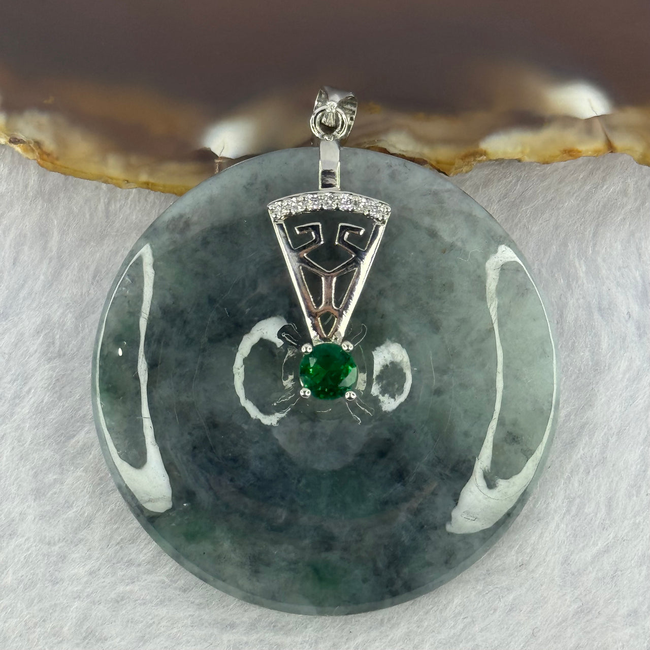 Type A Wuji Grey with Green Jadeite Ping An Kou Donut Pendent with Sliver Clasp 25.74g