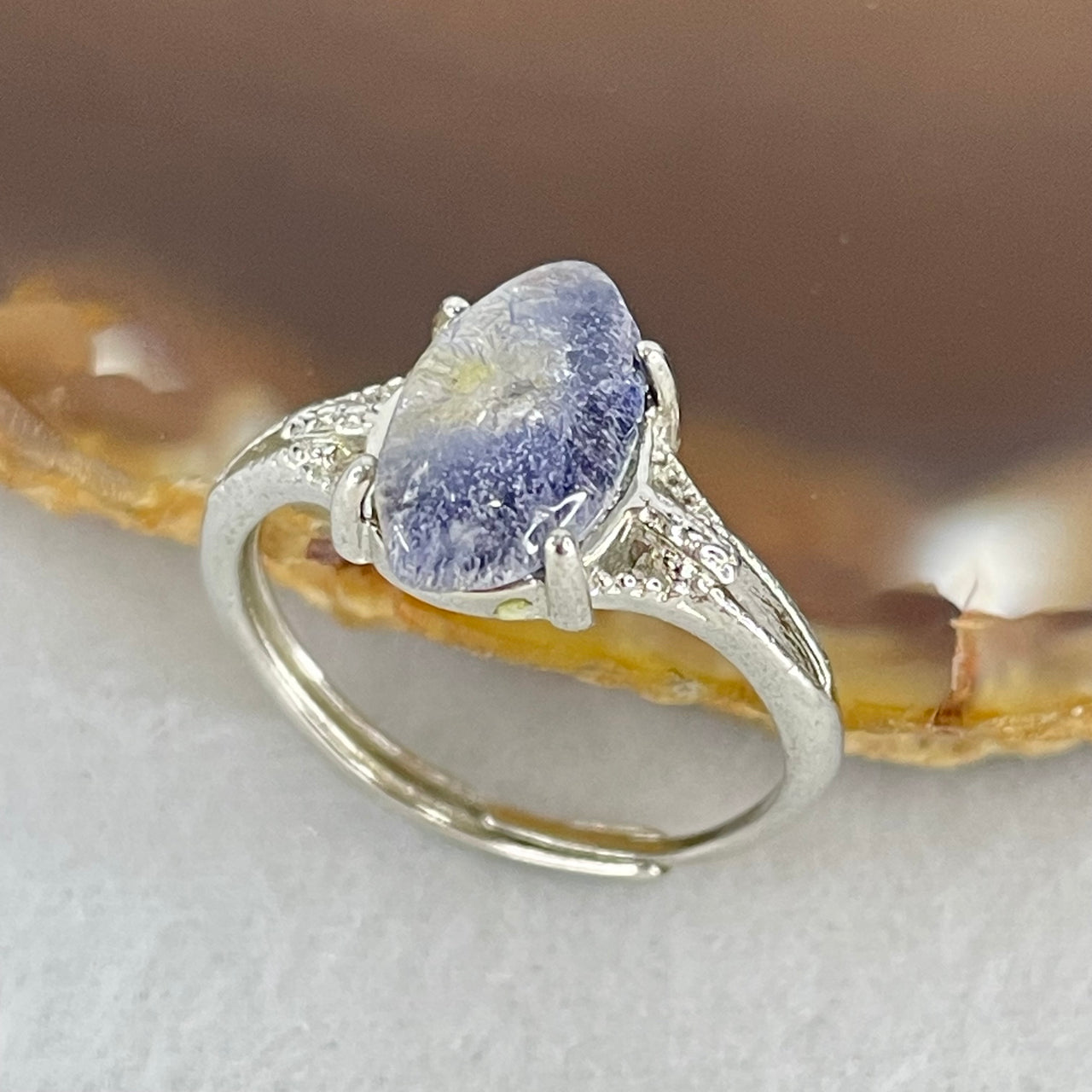 Rare Above Average Natural Blue Dumortierite Rutilated Quartz in S925 Sliver Ring (Adjustable Size) 1.54g 11.0 by 6.2 by 3.0mm