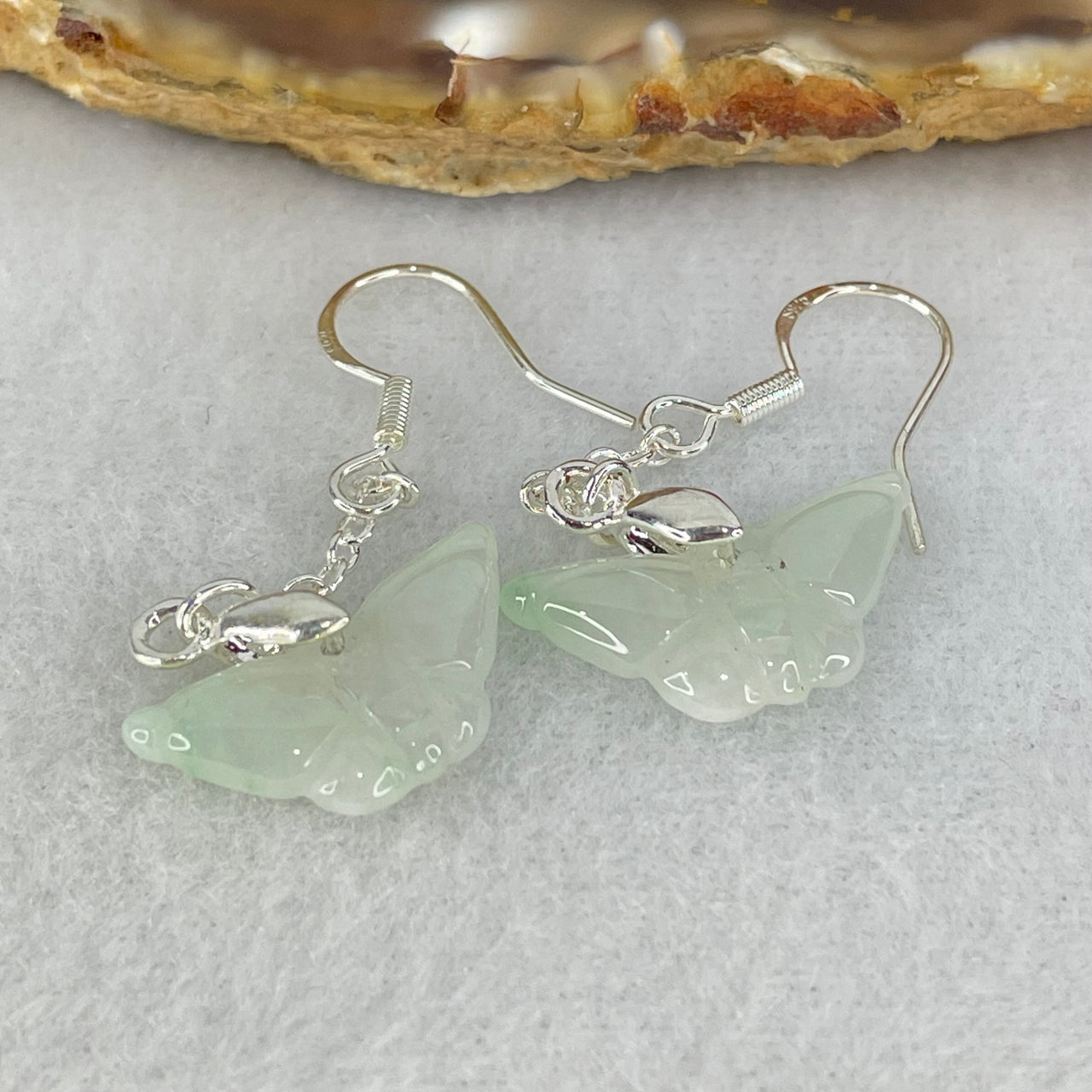 Type A Light Green Jadeite Butterfly in S925 Sliver Earrings 2.55g 19.5 by 9.2 by 3.0mm