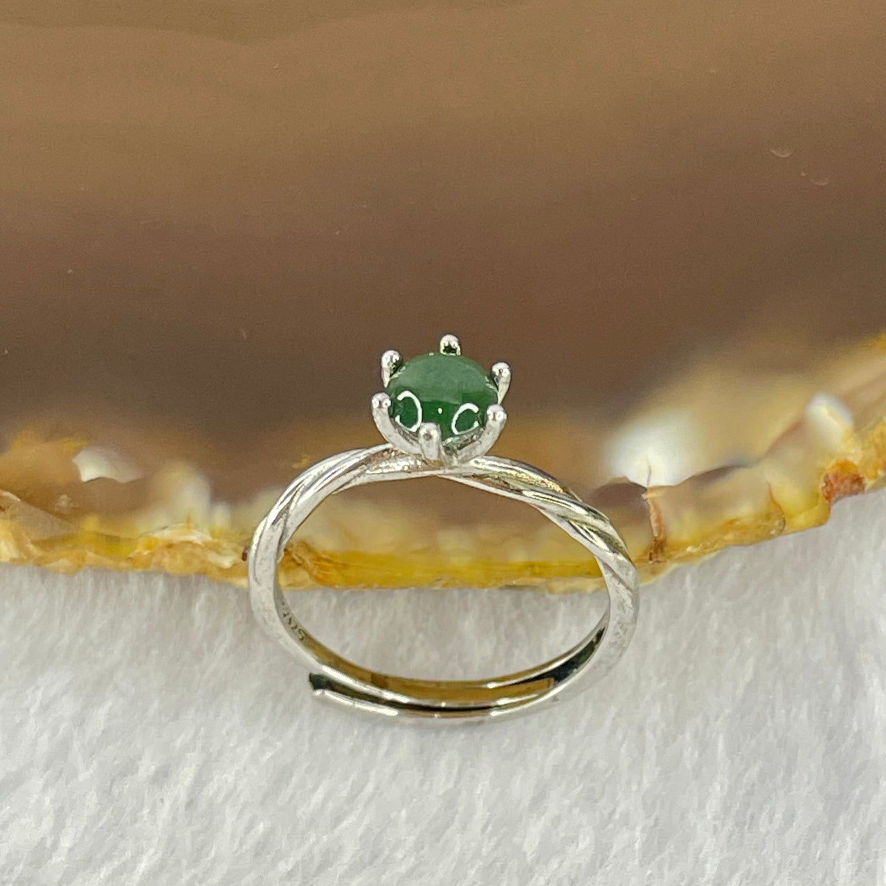 Natural Green Jadeite In S925 Sliver Ring (Adjustable Size) 1.45g 4.8 by 1.8mm