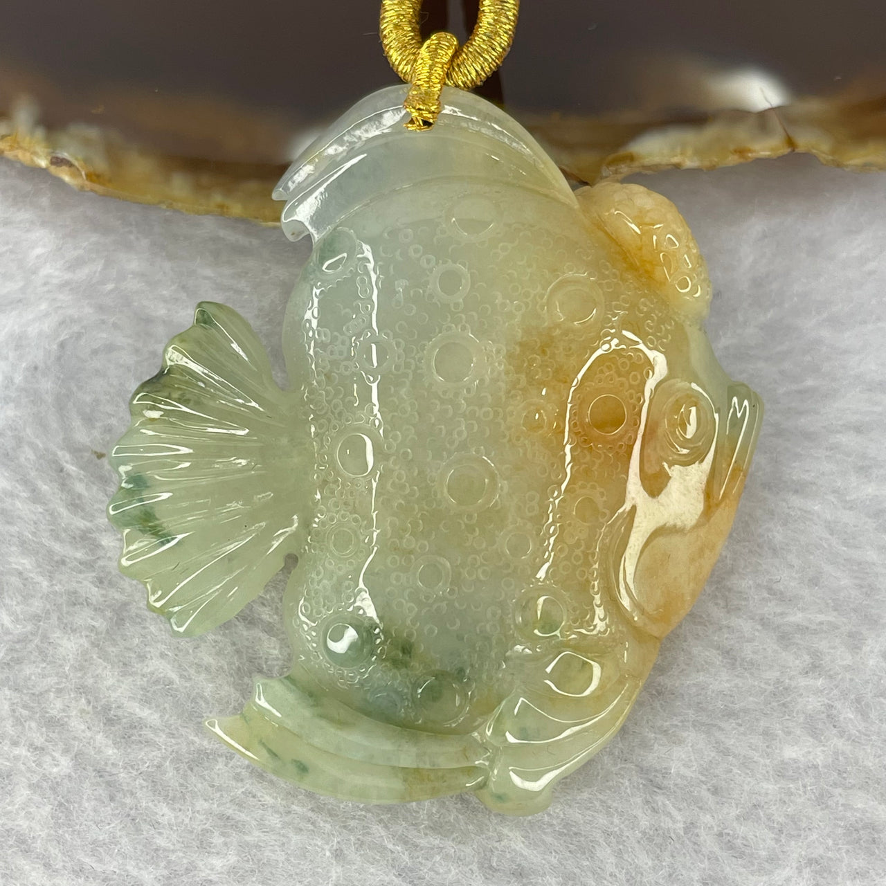 Type A Green Yellow Red with Blueish Green Piao Hua Jadeite Angelfish Pendent 43.67g 51.0 by 45.5 by 13.8 mm - Huangs Jadeite and Jewelry Pte Ltd