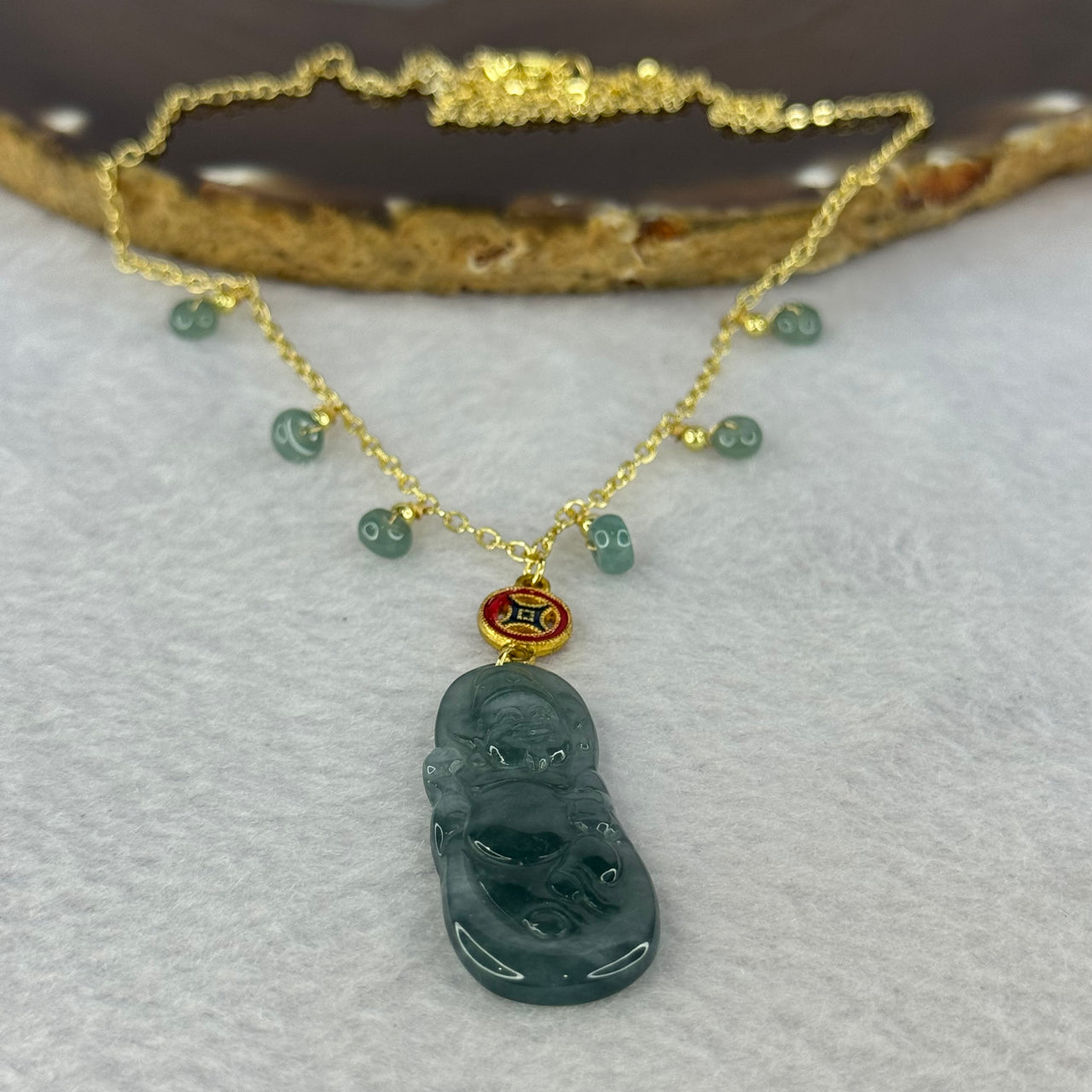 Type A Icy Blueish Green Jadeite God of Fortune Cai Shen Ye Pendent In Gold Color Necklace 8.61g 38.2 by 15.8 by 3.8mm