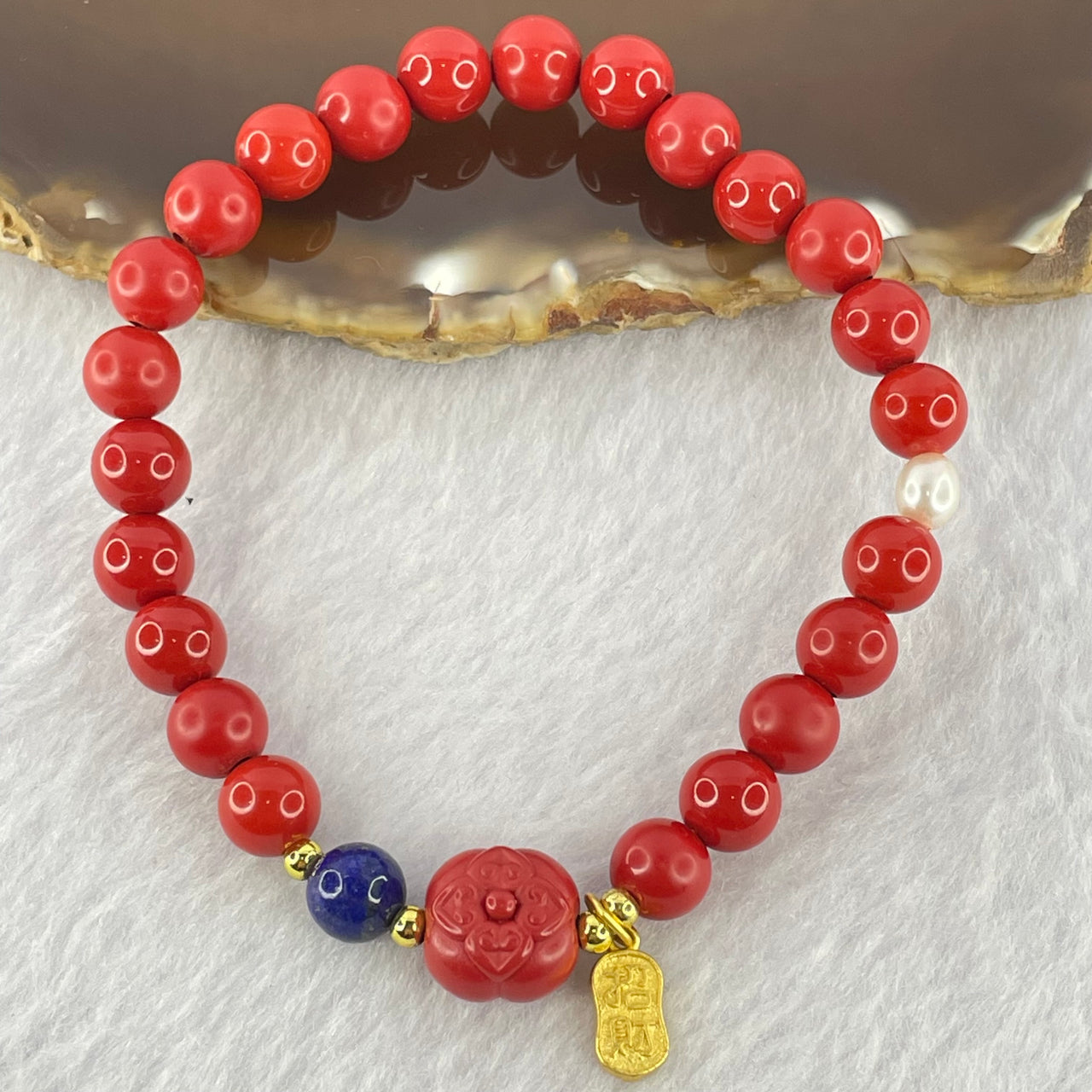 Natural Red Cinnabar Beads with Lapis Lazuli and Pearl Bracelet 18.90g 16cm 10.4 by 8.9mm 7.2mm 23 Beads