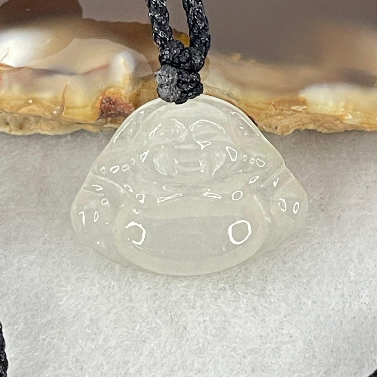 Type A Icy Faint Green Jadeite Milo Buddha Pendant 2.94g 14.6 by 18.8 by 4.9mm