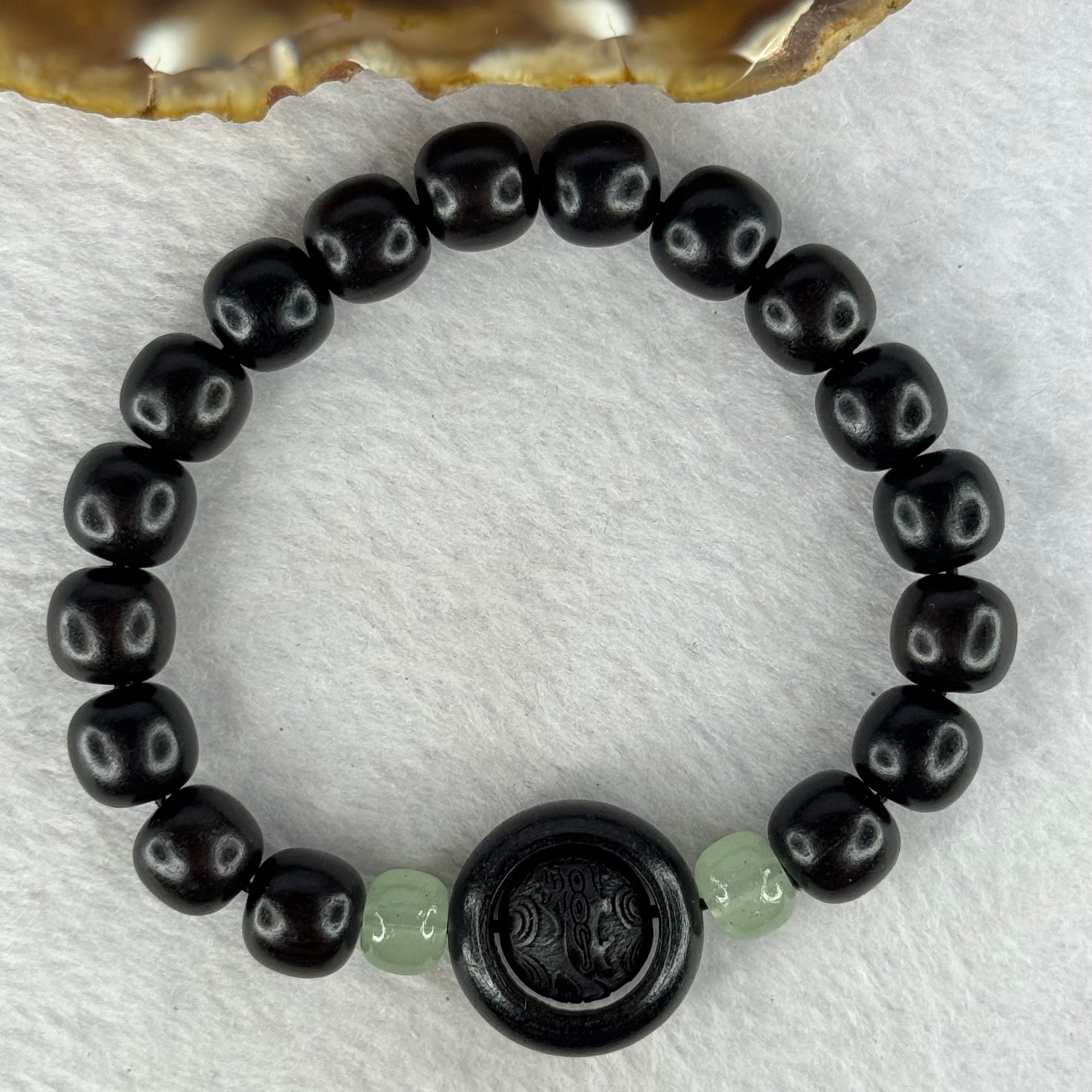 Natural Black Ebony Wood Beads with Movable Pixiu Pair and Coin Bead Bracelet 天然黑檀木珠手链 15.18g 16.5cm 10.0mm 17 Beads - Huangs Jadeite and Jewelry Pte Ltd