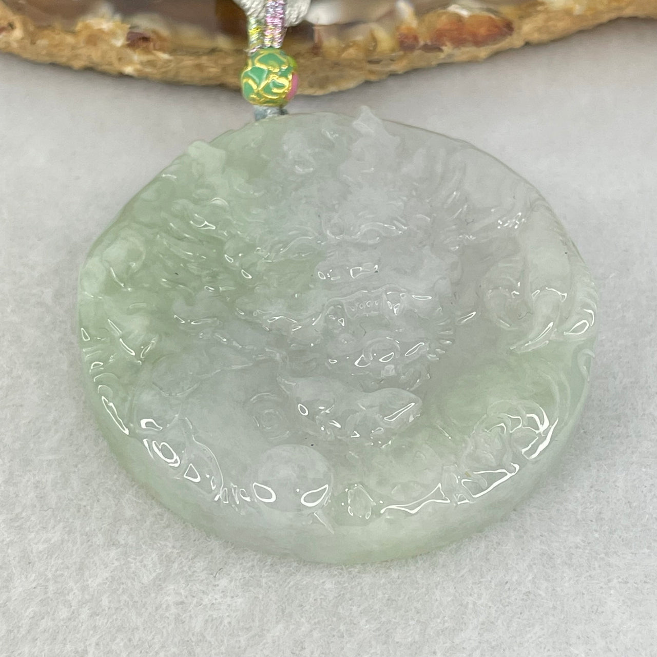 Type A Lavender Green Jadeite Double Sided Dragon Pendant 54.77g 47.7 by 11.6mm