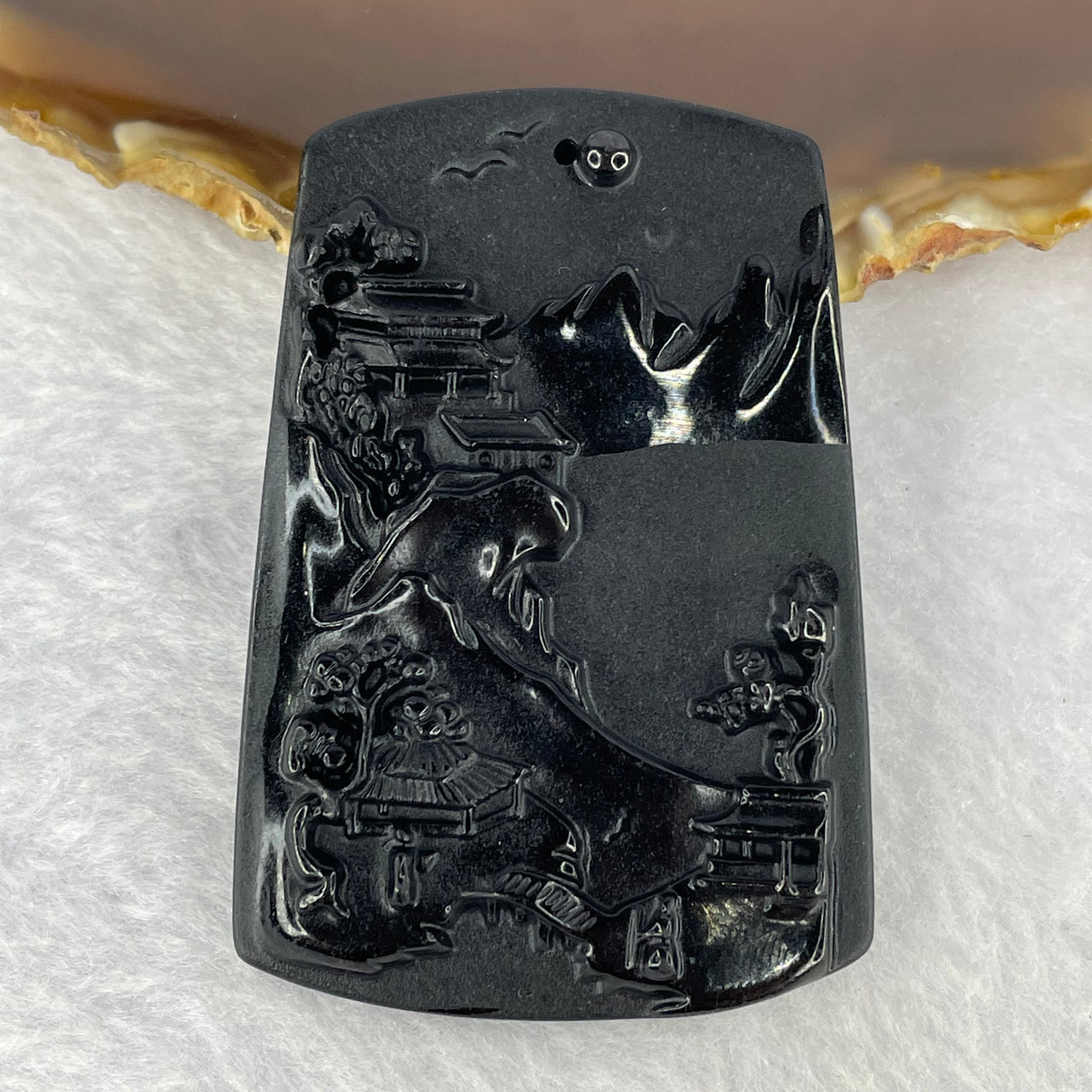 Type A Opaque Black Omphasite Jadeite Shan Shui with Benefactor Pendent A货墨翠山水贵人牌 30.61g 59.8 by 40.6 by 8.4 mm - Huangs Jadeite and Jewelry Pte Ltd