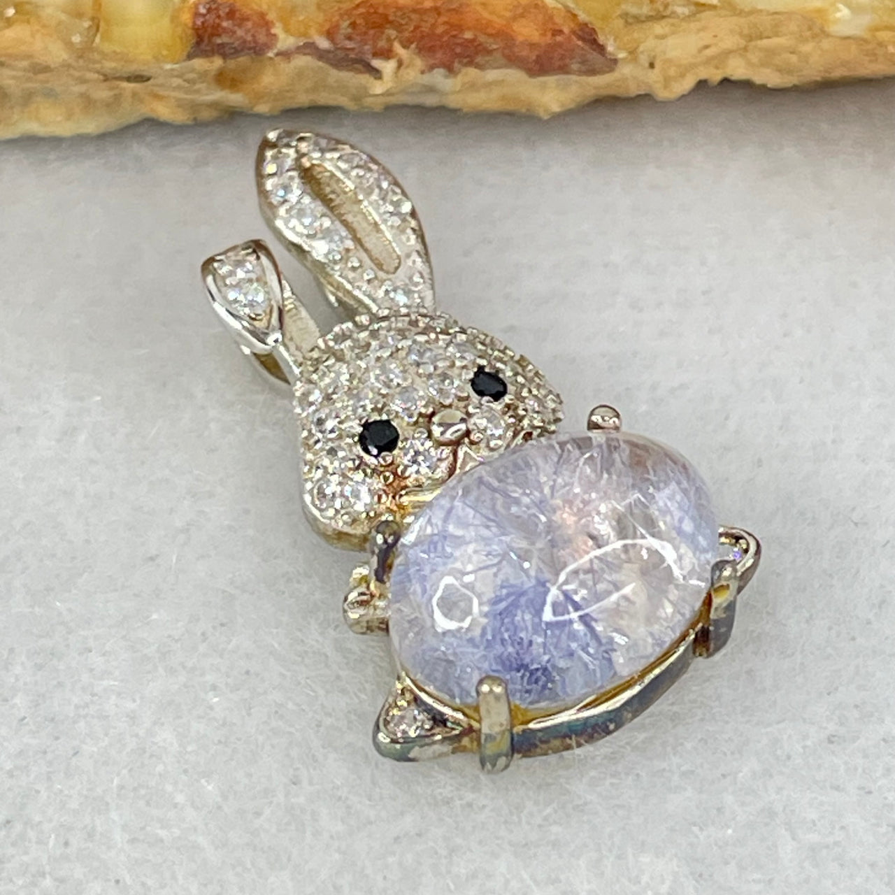 Rare Natural Blue Dumortierite Rutilated Quartz in S925 Sliver Rabbit Pendant 2.44g 10.0 by 7.3 by 5.0mm