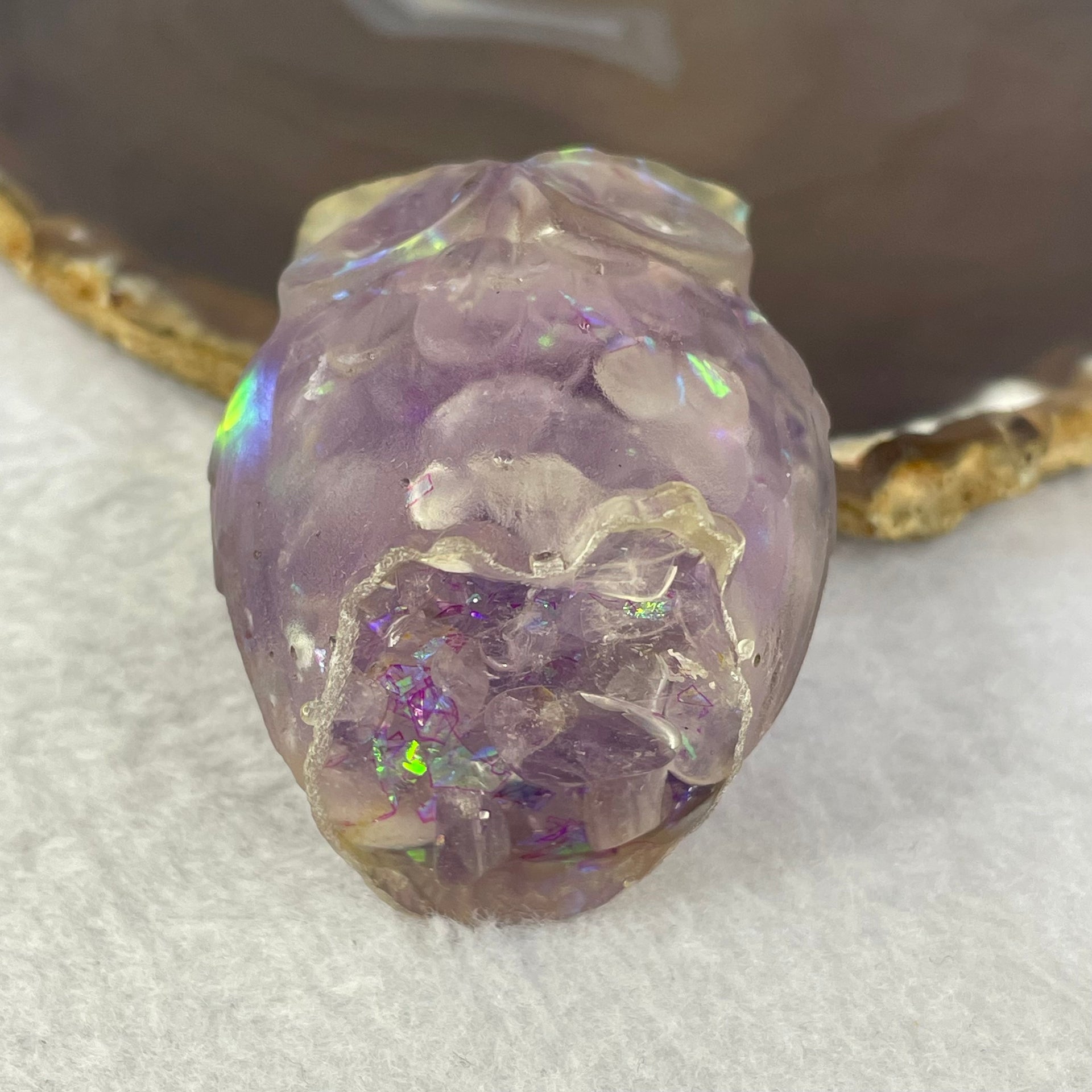 Acrylic with Natural Stones and Amethyst Owl Mini Display 93.13g 54.5 by 43.4 by 40.8mm - Huangs Jadeite and Jewelry Pte Ltd