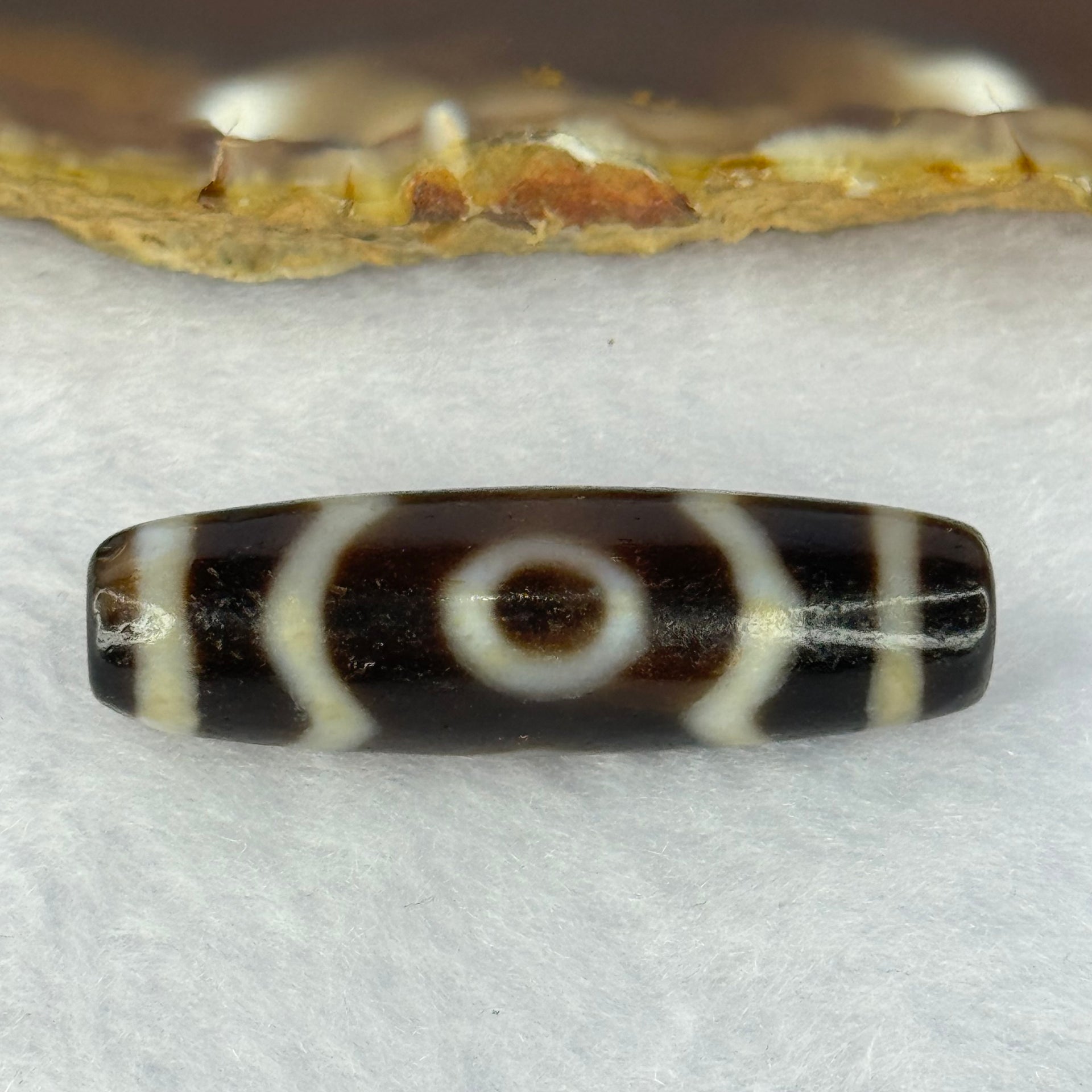 Natural Powerful Tibetan Old Oily Agate 3 Eyes Dzi Bead Heavenly Master (Tian Zhu) 三眼天诛 7.89g 38.5 by 11.5mm - Huangs Jadeite and Jewelry Pte Ltd