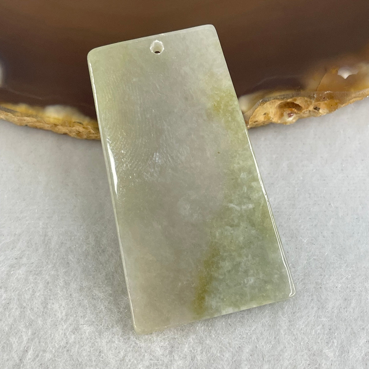 Type A Faint Lavender with Light Green Patches Jadeite Rectangle Wu Shi Pai Pendant 9.43g 23.3 by 3.3mm