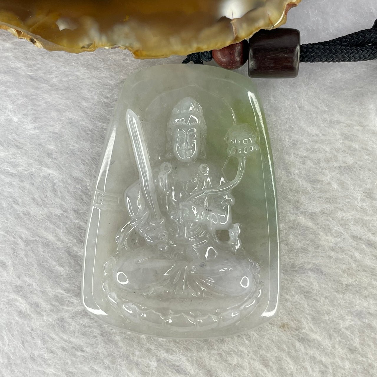 Type A Semi Icy Light Greyish Lavender with Green and Yellow Patches Jadeite Manjushri Guan Yin Pendent 42.28g by 46.3 by 33.7 by 9.4 mm - Huangs Jadeite and Jewelry Pte Ltd