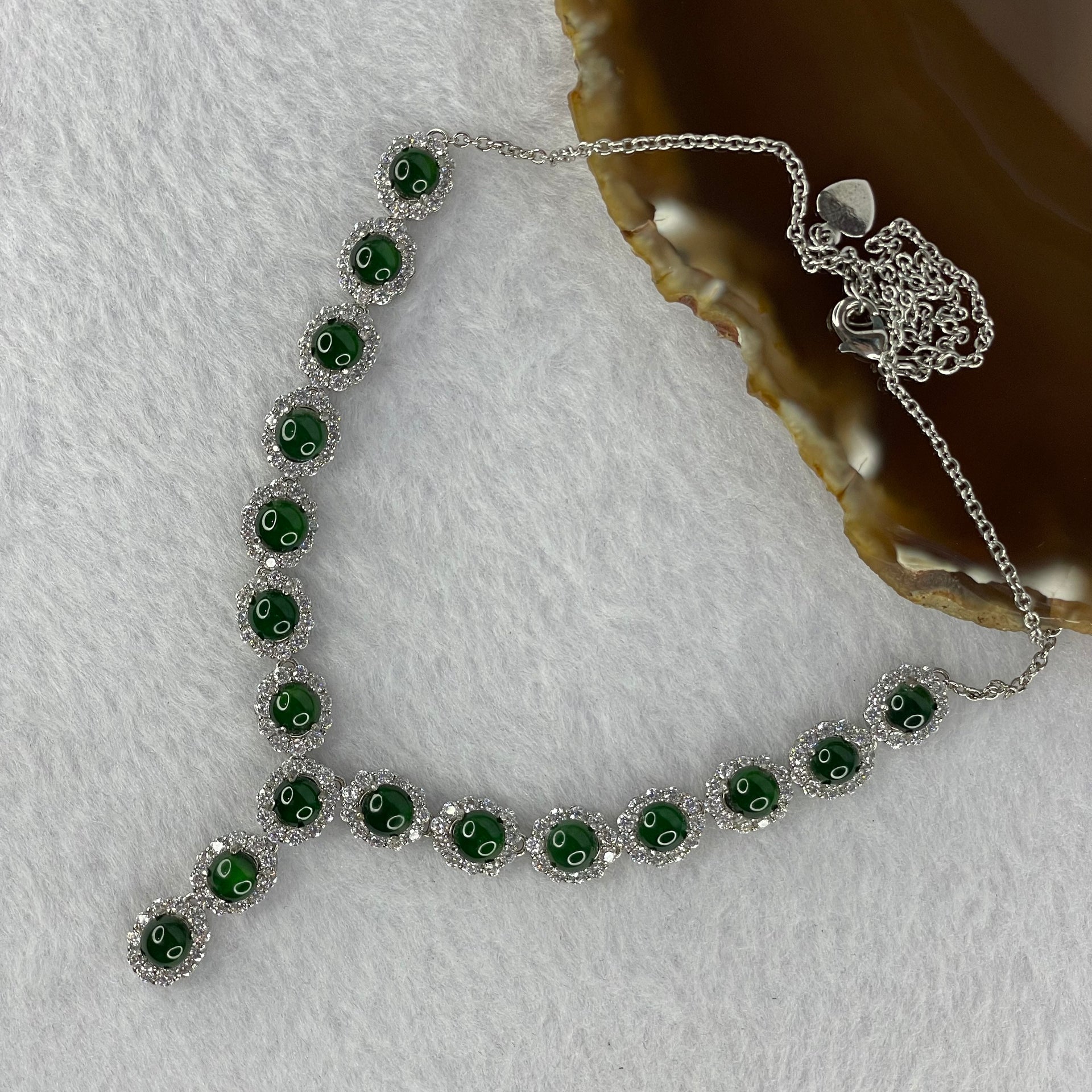 Certified Type A Icy Dark Green Jadeite Beads in 925 Sliver Necklace 15.53g 5.6 by 2.0 mm 17 Pcs - Huangs Jadeite and Jewelry Pte Ltd