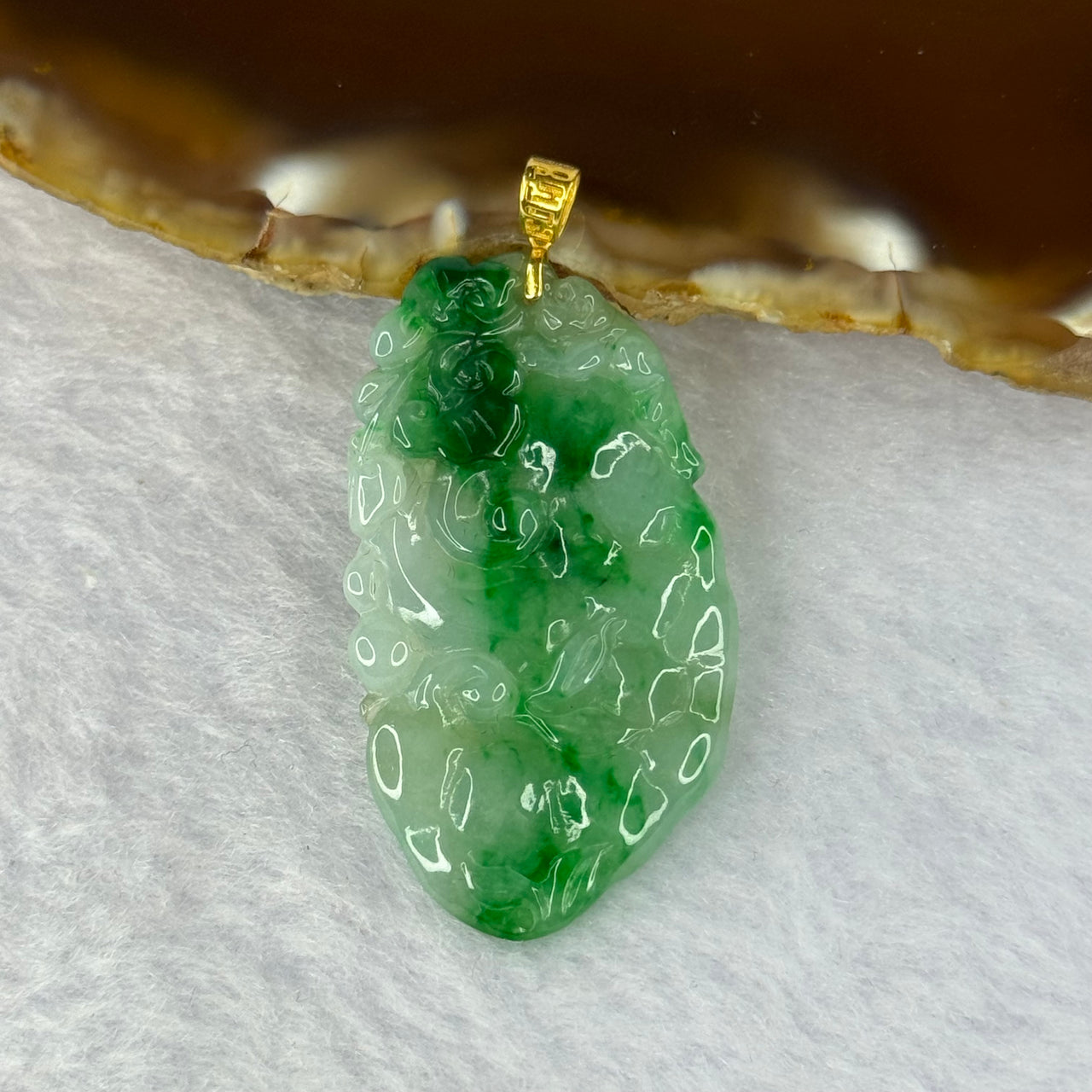 18K Yellow Gold Type A Green with Spicy Green Piao Hua Jadeite Monkey on Multiple Ruyi Pendent 5.88g 38.0 by 21.3 by 4.4mm - Huangs Jadeite and Jewelry Pte Ltd