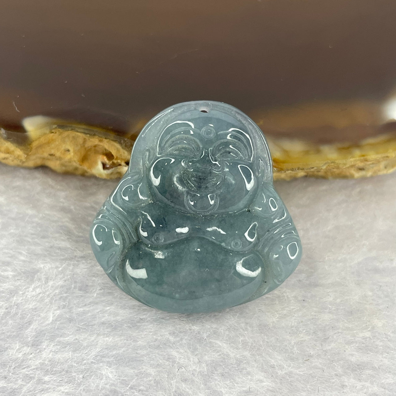 Type A Semi Icy Blueish Green Jadeite Milo Buddha Pendant 5.12g 23.0 by 23.5 by 4.8mm - Huangs Jadeite and Jewelry Pte Ltd