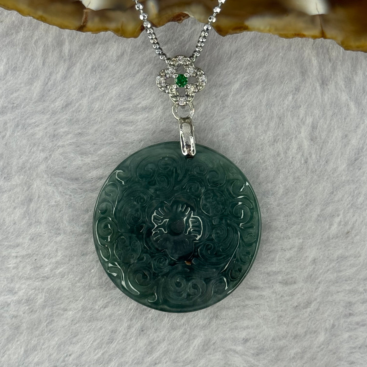 Type A Dark Blueish Green Jadeite Ping An Kou Donut 26.5 by 4.1mm Pendent with S925 Sliver Necklace 8.31g