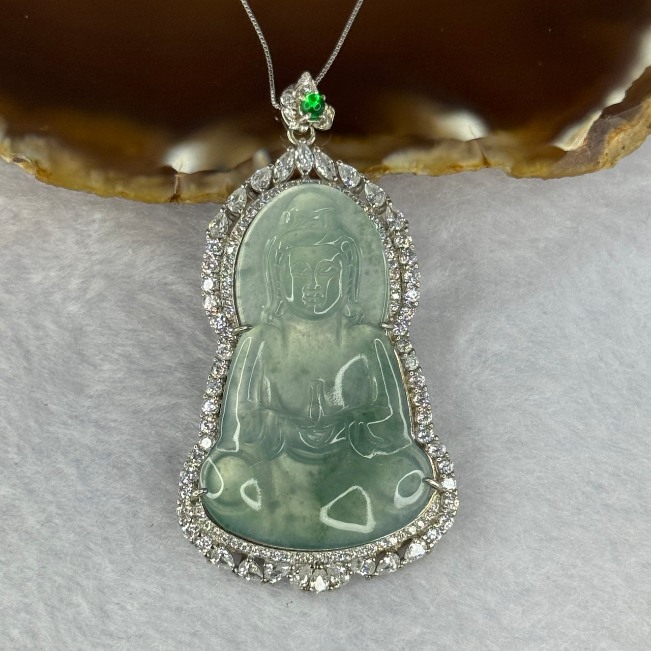 Type A ICY Light Blueish Green Jadeite Guan Yin Pendent with Crystals in S925 Sliver Necklace 11.34g 41.4 by 26.5 by 2.2mm - Huangs Jadeite and Jewelry Pte Ltd