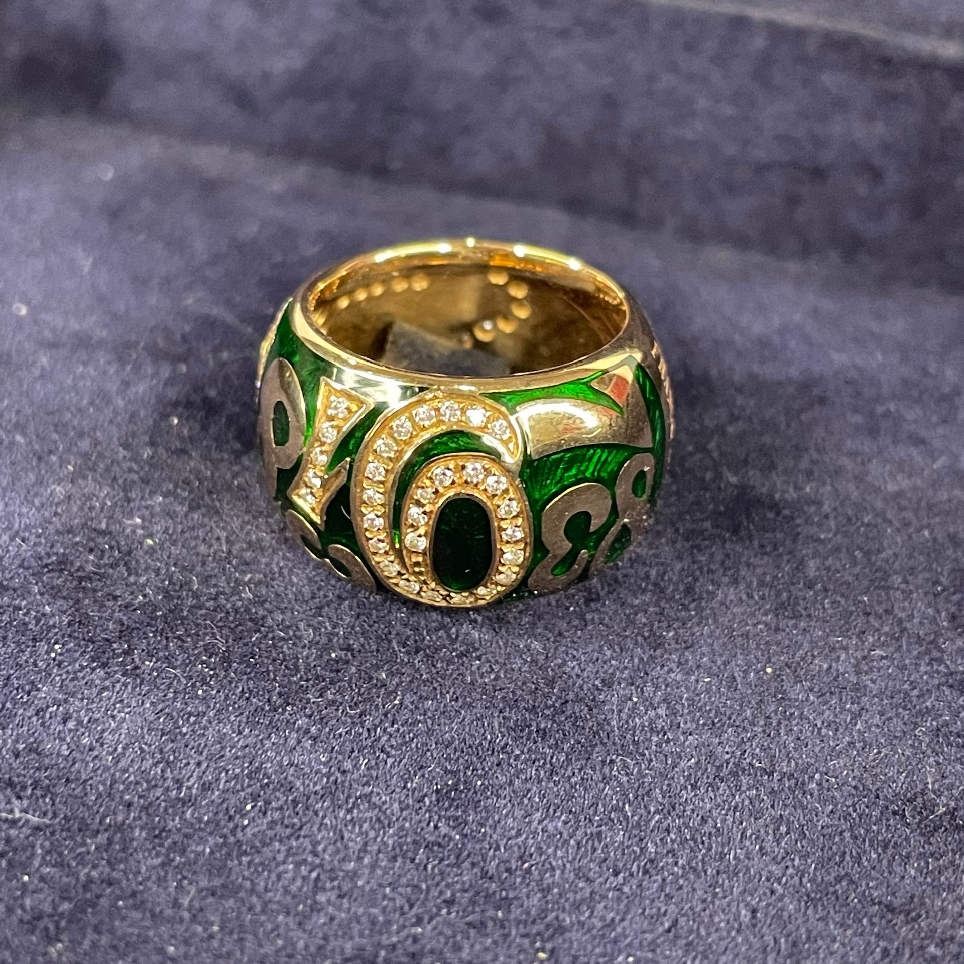 (PRE_LOVE) Rare Authentic Certified Franck Muller 18K Rose Gold Green Enamel Talisman Large with 55 Diamonds Total 0.38 cts Ring Model ET-RL02/G #10 Size 9 HK10 US4.75 Metal 5N Dated 24 Dec 2005 - Huangs Jadeite and Jewelry Pte Ltd