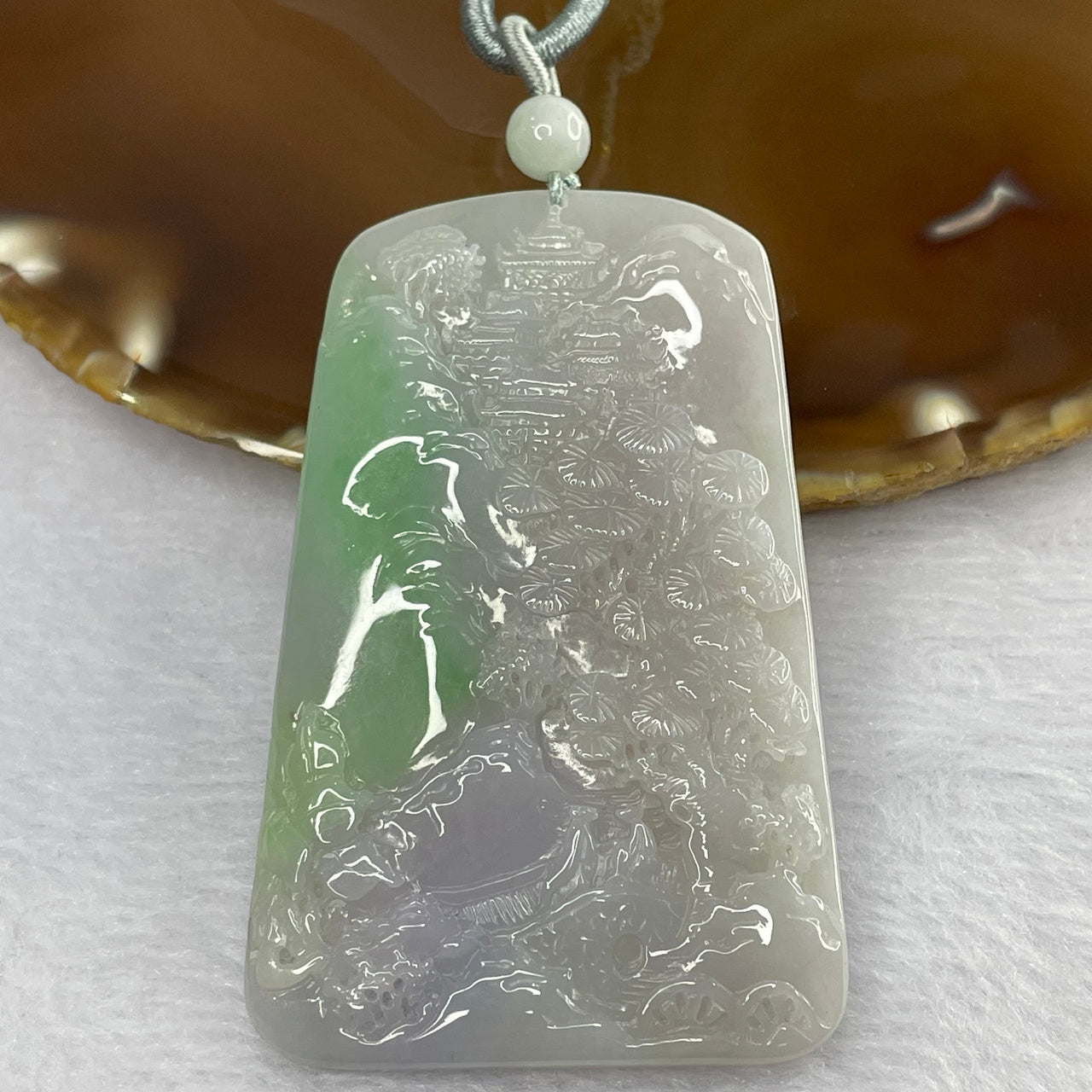 Grand Master Semi Icy Lavender and Apple Green Jade Jadeite Shan Shui Pendant - 42.05g 68.8 by 43.6 by 6.0 mm - Huangs Jadeite and Jewelry Pte Ltd