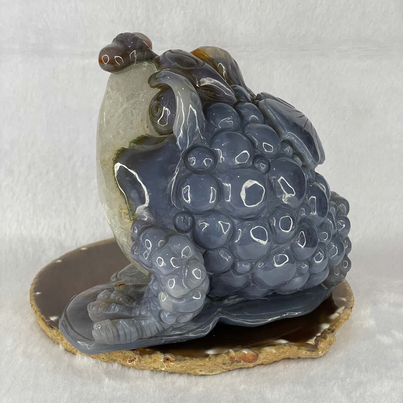 Natural Blue Purple Brown and White Agate 3 Legged Toad on Prosperity Ruyi Display 2045.0g 160.0 by 111.6g by 126.9g - Huangs Jadeite and Jewelry Pte Ltd