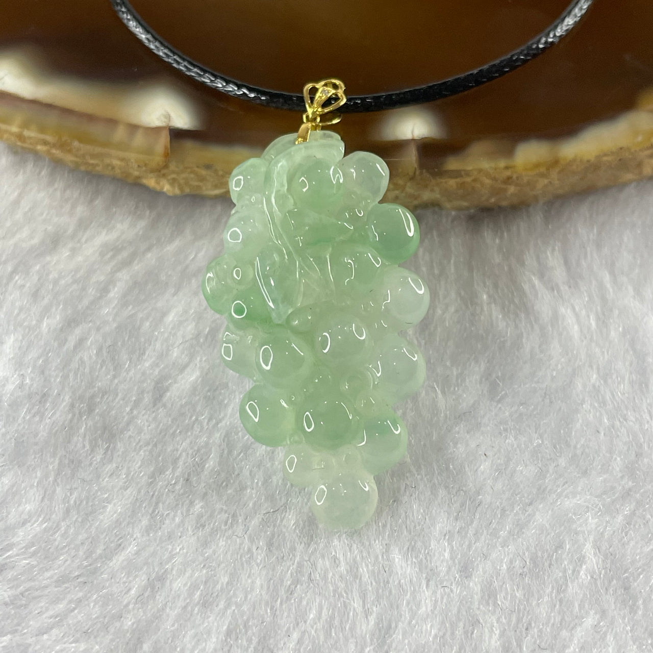 Type A Semi Icy Green Jade Jadeite Grape Pendant with 18K Gold Clasp - 5.12g 31.1 by 17.2 by 6.7mm - Huangs Jadeite and Jewelry Pte Ltd