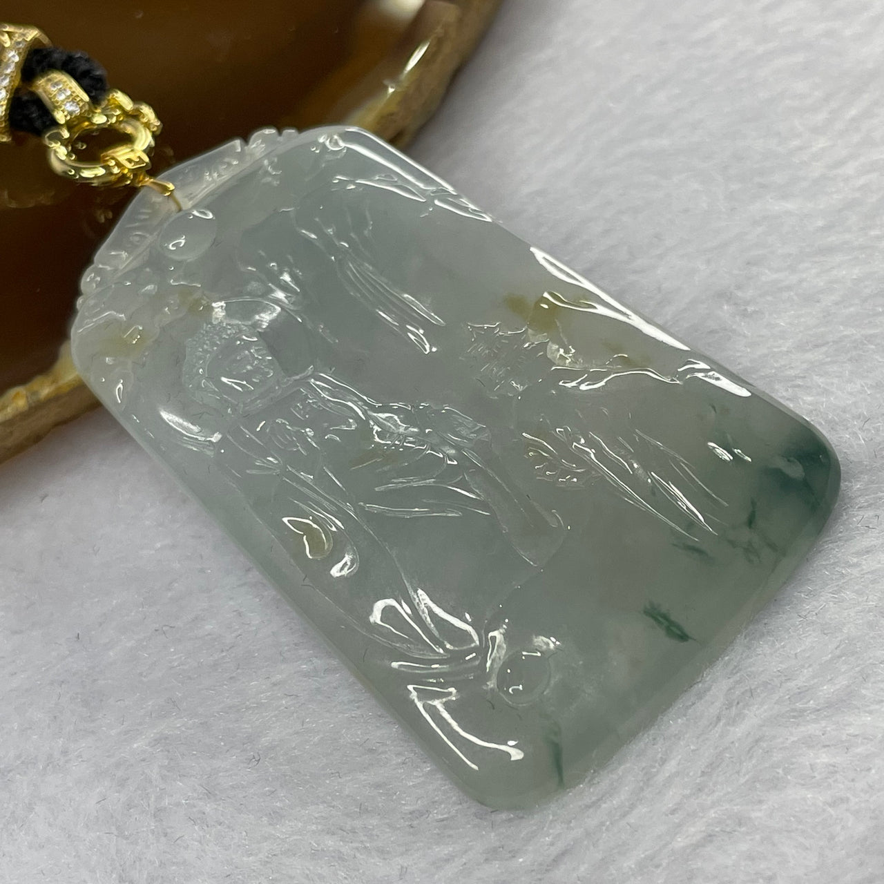 Grand Master Natural Semi Icy Green Piao Hua and Yellow Jade Jadeite Buddha Pendant with 18K Gold Clasp - 18.44g 54.5 by 34.2 by 4.5 mm - Huangs Jadeite and Jewelry Pte Ltd