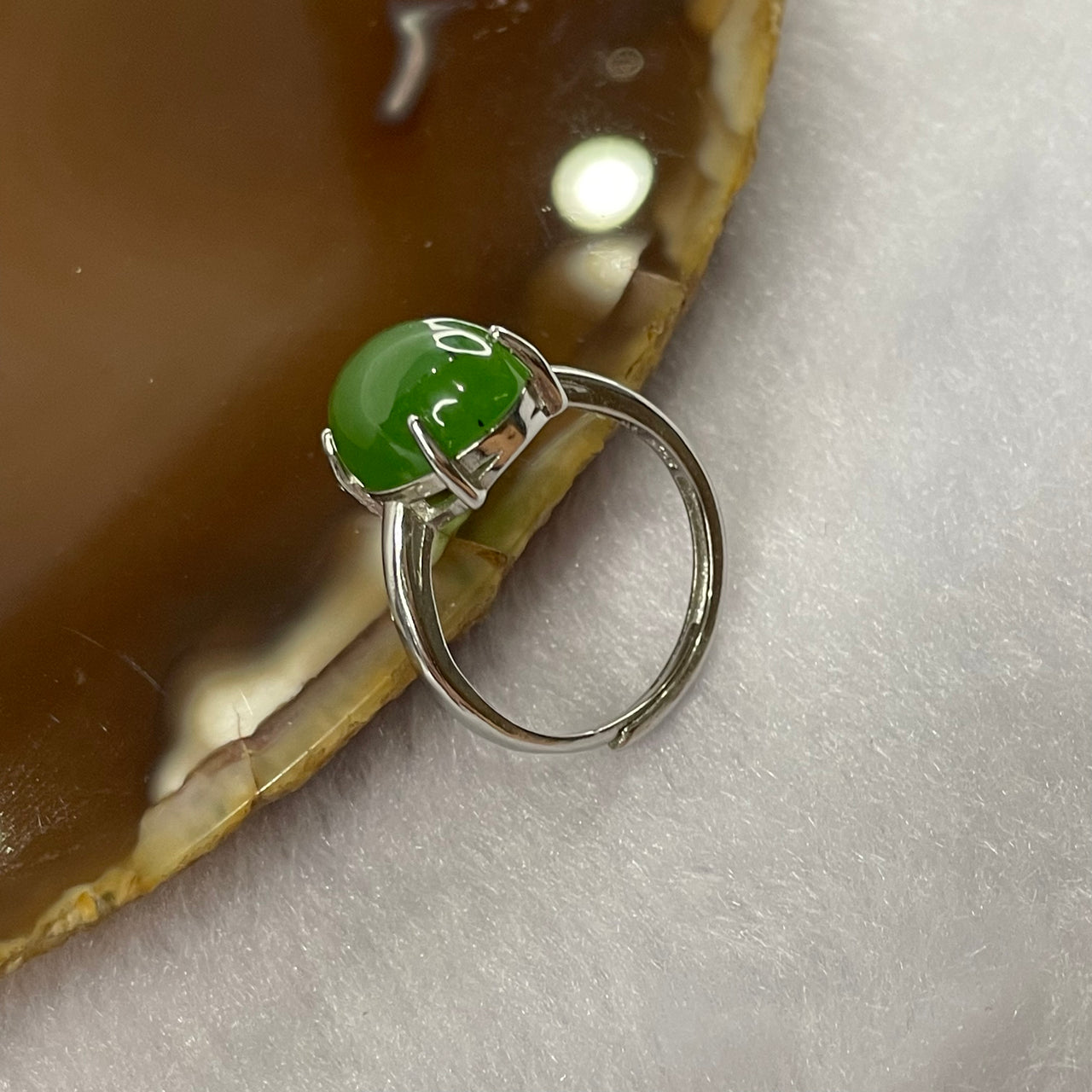 Natural Green Nephrite 925 Silver Ring Size Adjustable - 2.97g 14.0 by 10.0 by 6.0 mm - Huangs Jadeite and Jewelry Pte Ltd