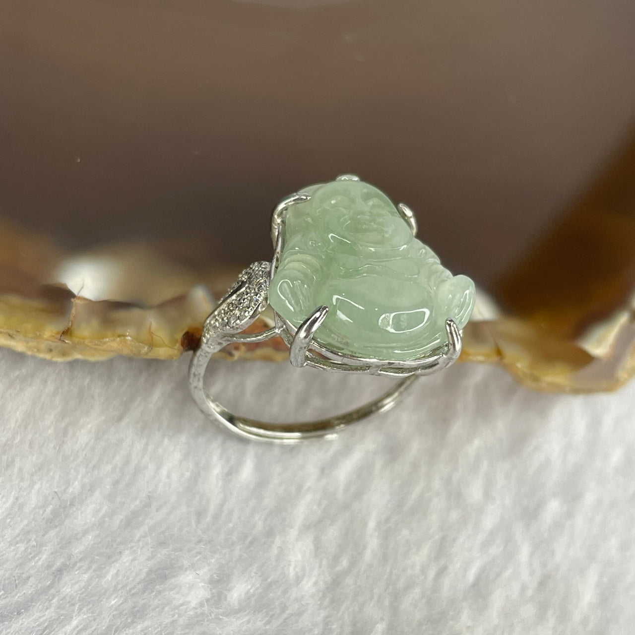 Type A ICY Green Jadeite Milo Buddha in 925 silver ring 3.54g 17.1 by 15.5 by 4.7mm - Huangs Jadeite and Jewelry Pte Ltd