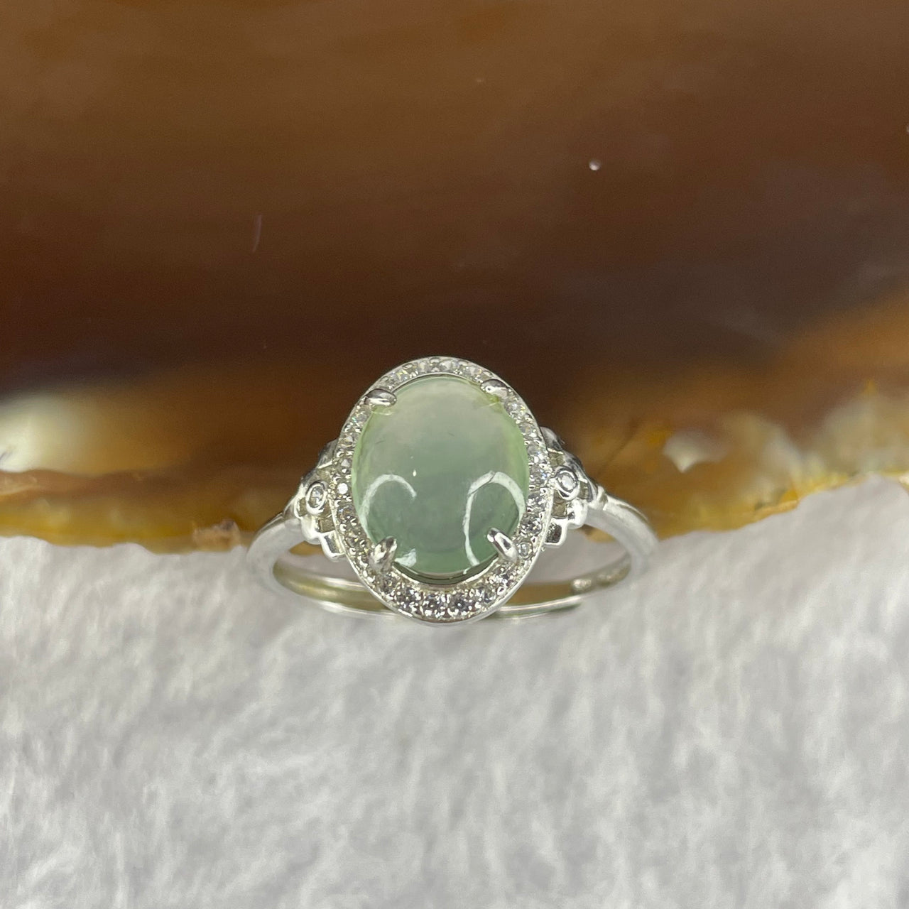 Type A ICY Jelly Faint Sky Blue Jadeite in 925 silver Ring 2.29g stone about 9.0 by 7.7 by 3.2mm Adjustable Size - Huangs Jadeite and Jewelry Pte Ltd