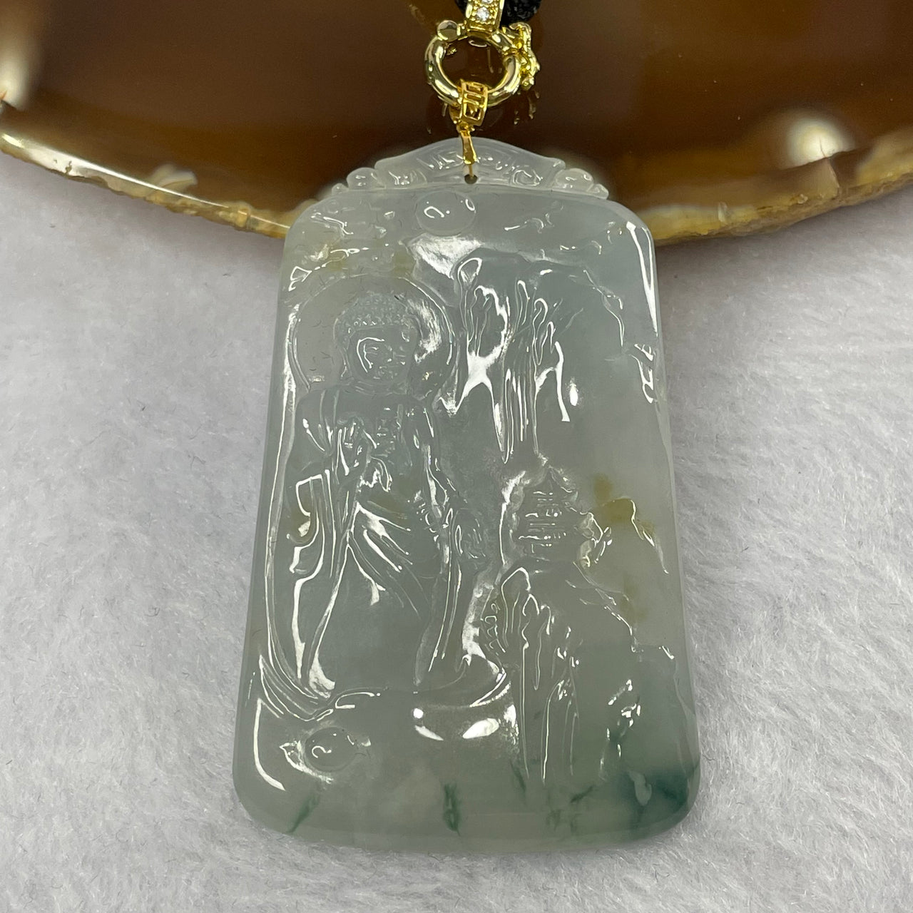 Grand Master Natural Semi Icy Green Piao Hua and Yellow Jade Jadeite Buddha Pendant with 18K Gold Clasp - 18.44g 54.5 by 34.2 by 4.5 mm - Huangs Jadeite and Jewelry Pte Ltd