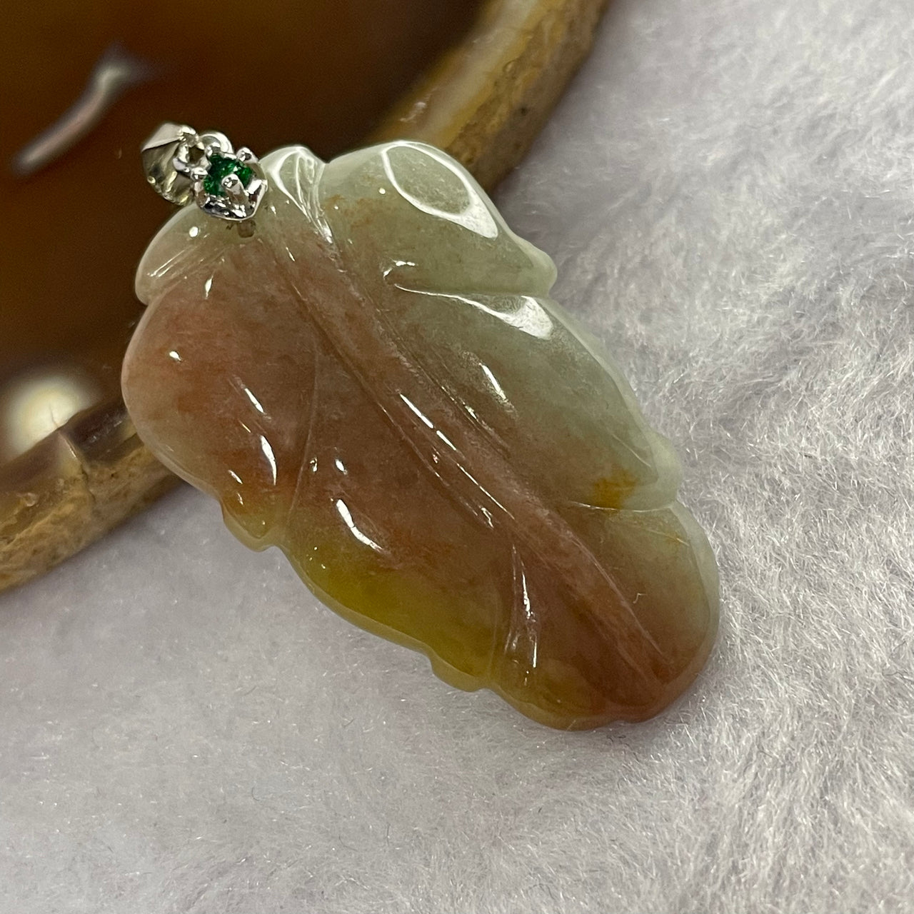 Type A Red and Green Jade Jadeite Leaf Pendant - 8.85g 35.5 by 22.3 by 5.4 mm - Huangs Jadeite and Jewelry Pte Ltd