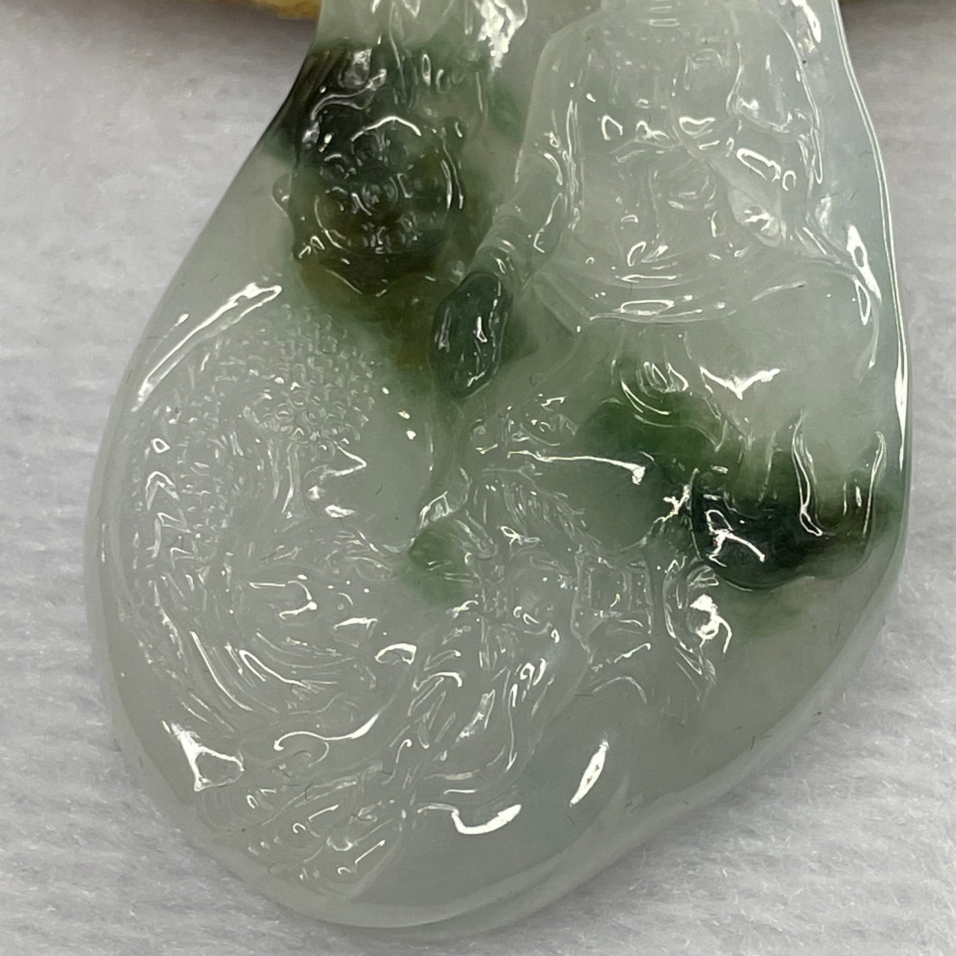 Grand Master Semi Icy Green Piao Hua Jade Jadeite Guan Yin and Dragon Pendant - 39.15g 73.6 by 39.2 by 11.5 mm - Huangs Jadeite and Jewelry Pte Ltd