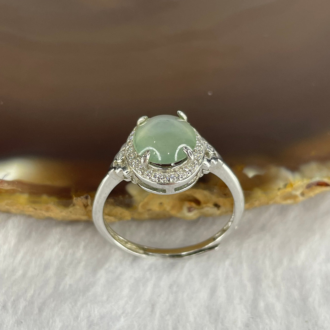 Type A ICY Jelly Faint Sky Blue Jadeite in 925 silver Ring 2.29g stone about 9.0 by 7.7 by 3.2mm Adjustable Size - Huangs Jadeite and Jewelry Pte Ltd