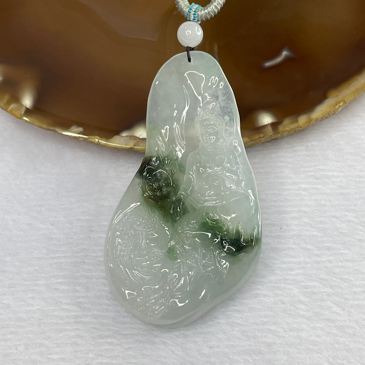 Grand Master Semi Icy Green Piao Hua Jade Jadeite Guan Yin and Dragon Pendant - 39.15g 73.6 by 39.2 by 11.5 mm - Huangs Jadeite and Jewelry Pte Ltd