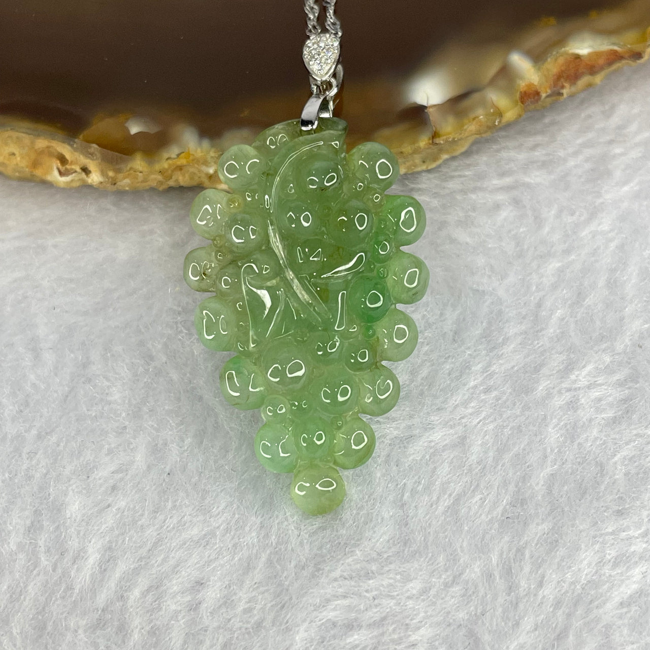 Semi Icy Type A Green Jadeite Grapes 34.2 by 21.2 by 6.6mm with 925 silver clasp and necklace 5.94g - Huangs Jadeite and Jewelry Pte Ltd