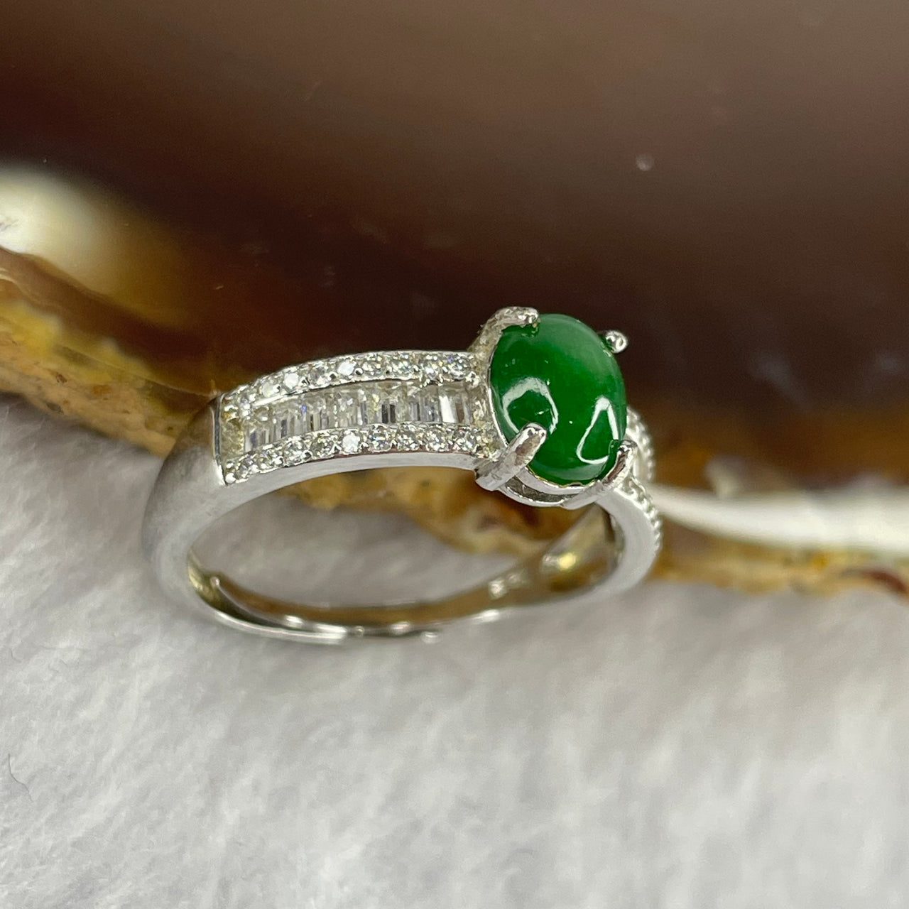 Type A Spicy Green Jadeite in 925 silver ring 2.05g stone about 6.6 by 5.5 by 2.0mm Adjustable Size - Huangs Jadeite and Jewelry Pte Ltd