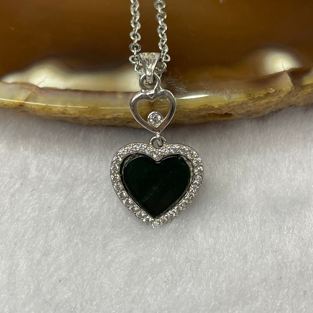 Type A Black Jade Jadeite Heart Necklace - 1.50g 13.0 by 12.8 by 2.2mm - Huangs Jadeite and Jewelry Pte Ltd