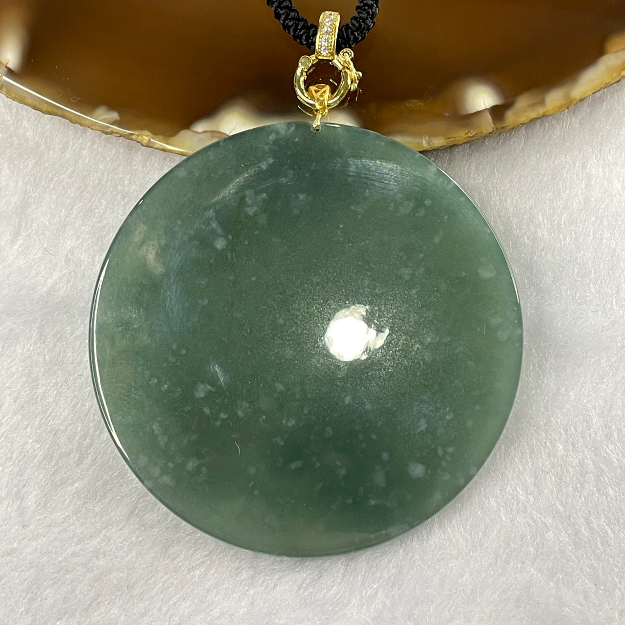 Type A Semi Icy Blueish Green Jade Jadeite Wu Shi Pai Pendant with 18K Gold Clasp - 29.07g 56.0 by 56.0 by 3.5mm - Huangs Jadeite and Jewelry Pte Ltd