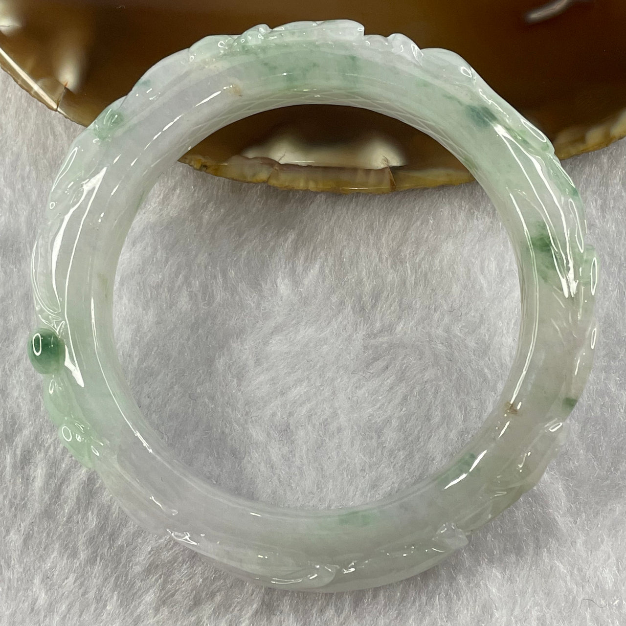 Type A Lavender and Green Piao Hua Jade Jadeite Bangle with Phoenix Carving 65.00g inner Dia 55.6mm 12.5 by 11.1mm (External Lines) - Huangs Jadeite and Jewelry Pte Ltd