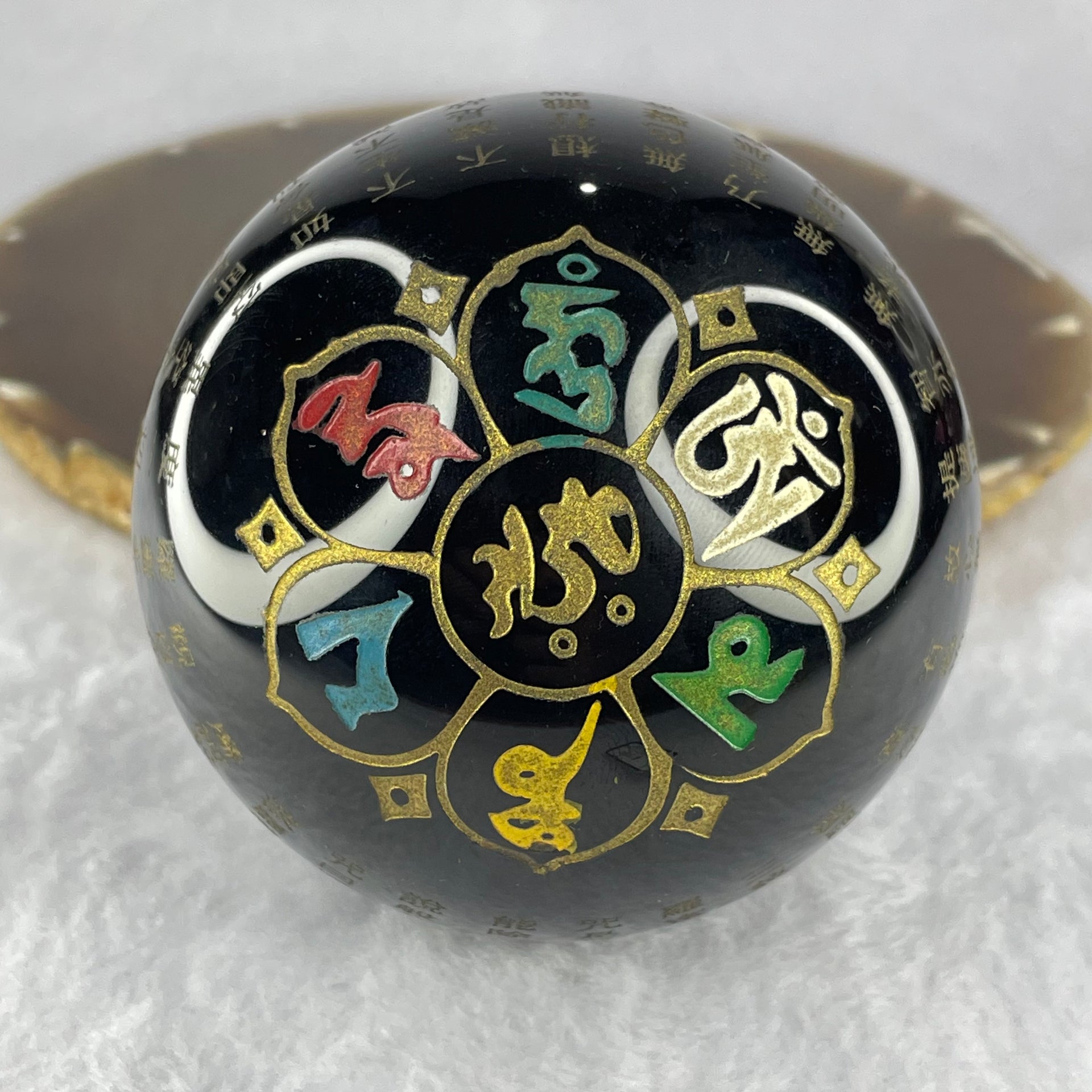 Onyx Six Word Mantra for Guan Yin Om Mani Padme Hom Sphere Ball with Wooden stand 623.7g Dia 76.3 Height 80.4mm - Huangs Jadeite and Jewelry Pte Ltd